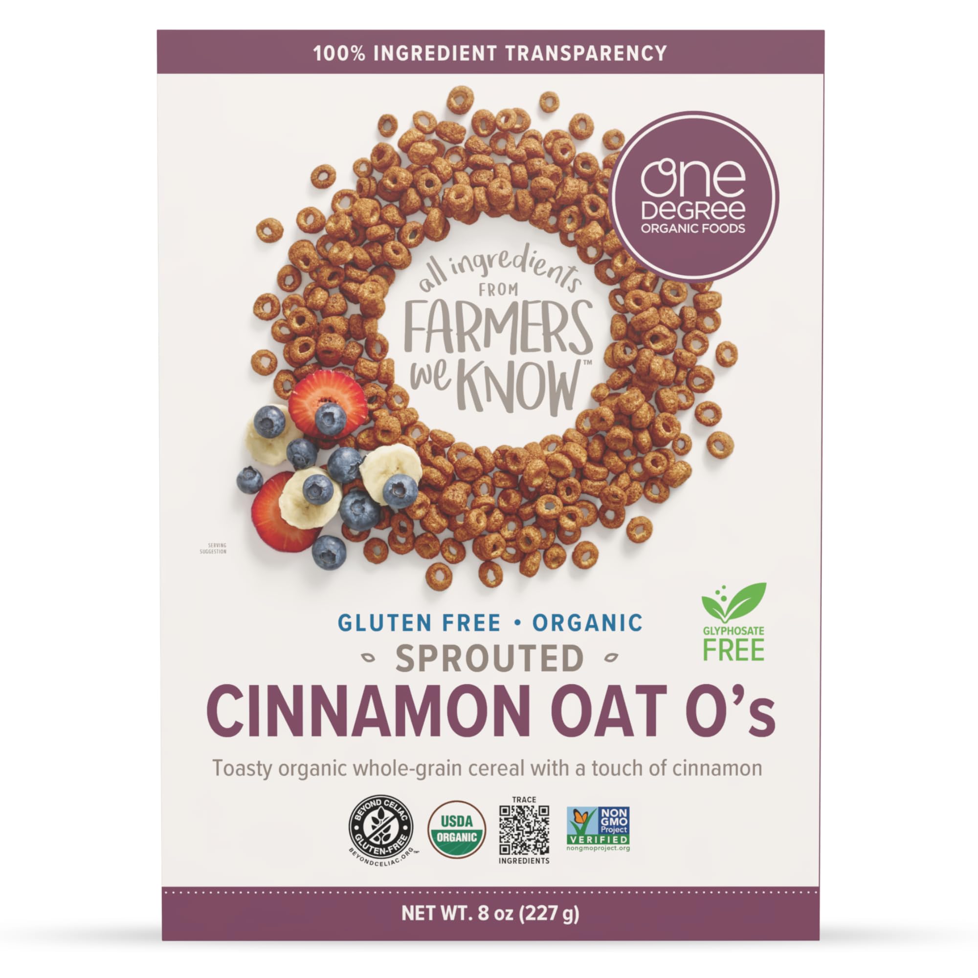 One Degree Organics Sprouted Cinnamon Oat O's Whole Grain Cereal, 8oz