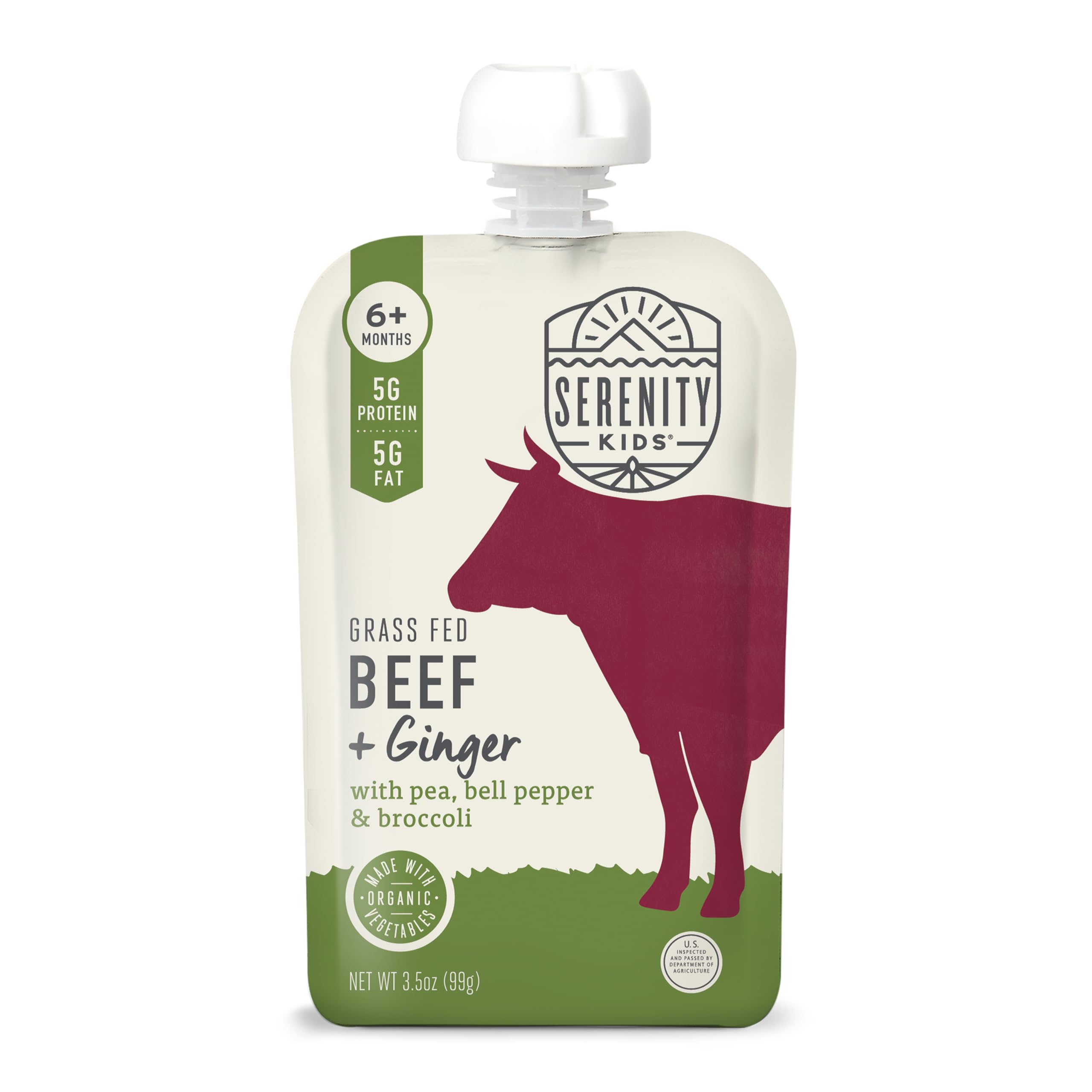 Serenity Kids 6+ Months Baby Food Pouches Puree Made With Ethically Sourced Meats & Organic Veggies | 3.5 Ounce BPA-Free Pouch | Grass Fed Beef & Ginger, Pea, Bell Pepper, Broccoli | 1 Count