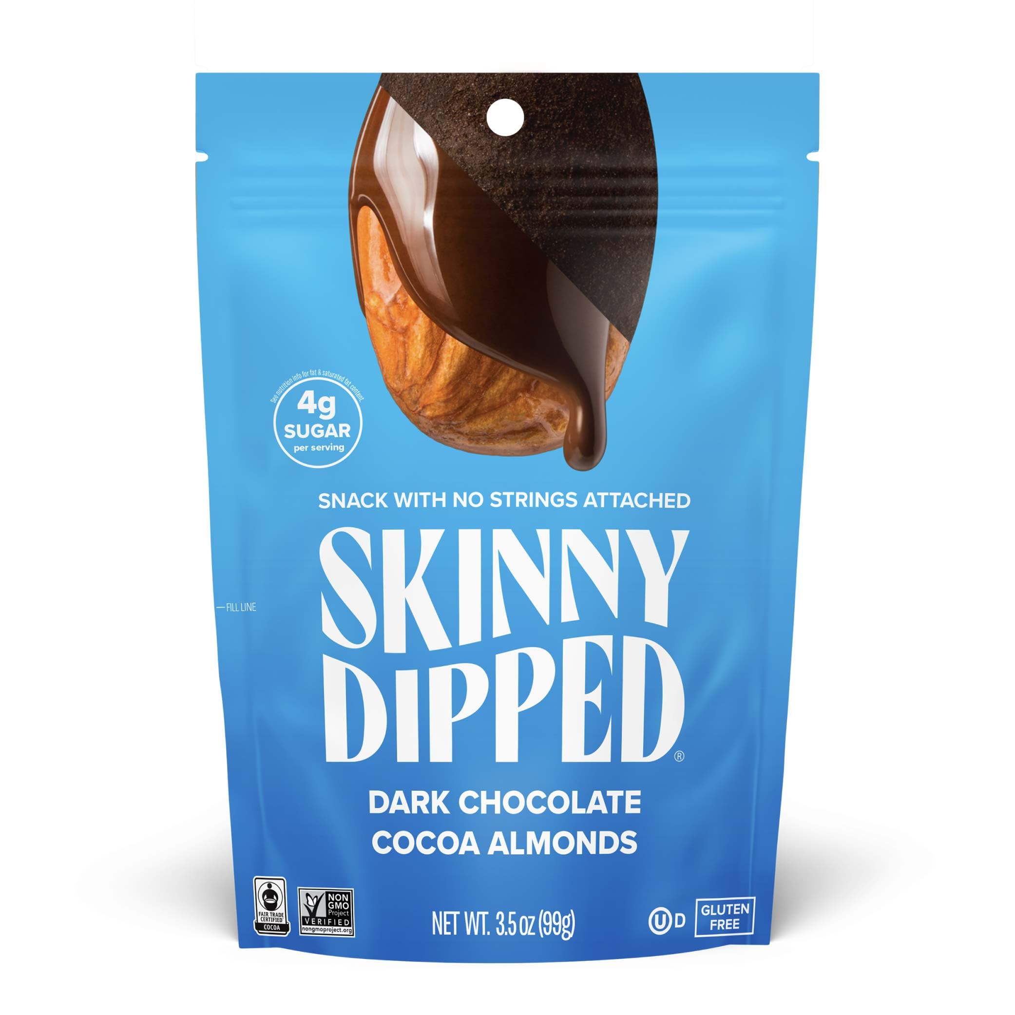 SkinnyDipped Dark Chocolate Cocoa Almonds, Healthy Snack, Plant Protein, Gluten Free, 3.5 Oz Resealable Bag, Pack of 1