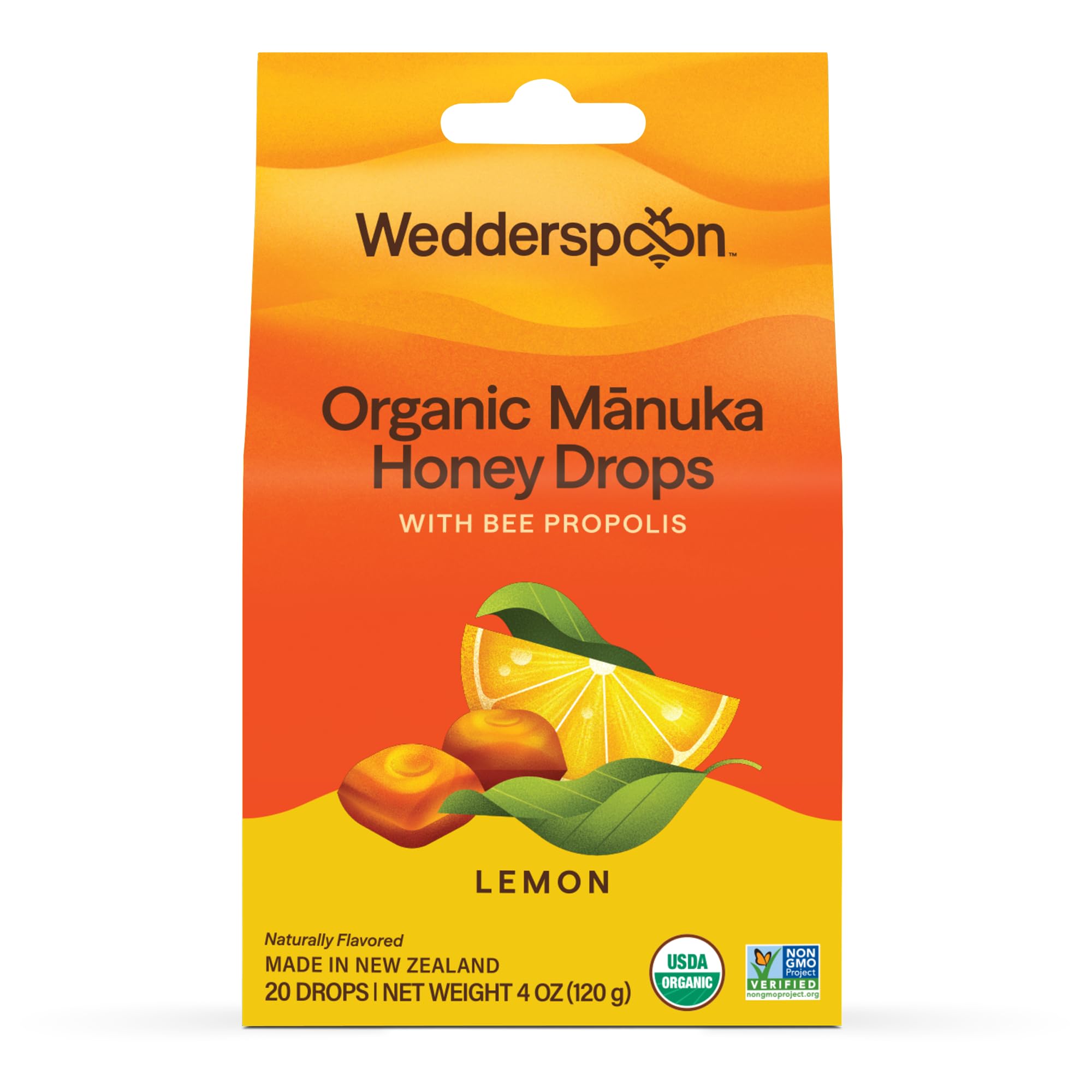 Wedderspoon Organic Manuka Honey Drops, Lemon & Bee Propolis, 20 Count | USDA Organic, Genuine New Zealand Honey, Natural Remedy for Dry Throat