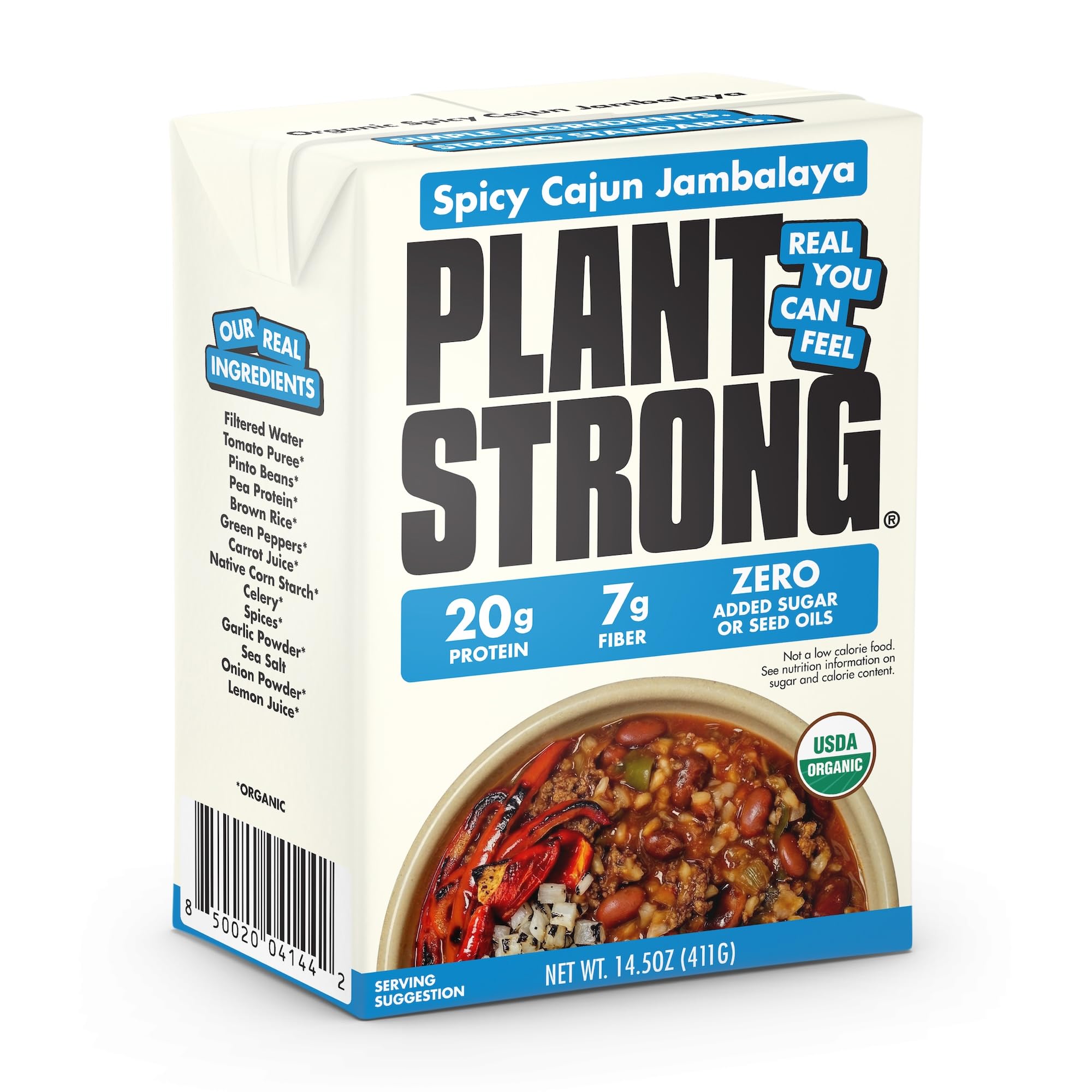 Plant Strong Organic Spicy Cajun Jambalaya, 14.5 oz | High Protein Vegan Stew with Brown Rice & Pinto Beans, 20g Protein, USDA Organic, No Seed Oils, Ready-to-Eat Plant-Based Meal