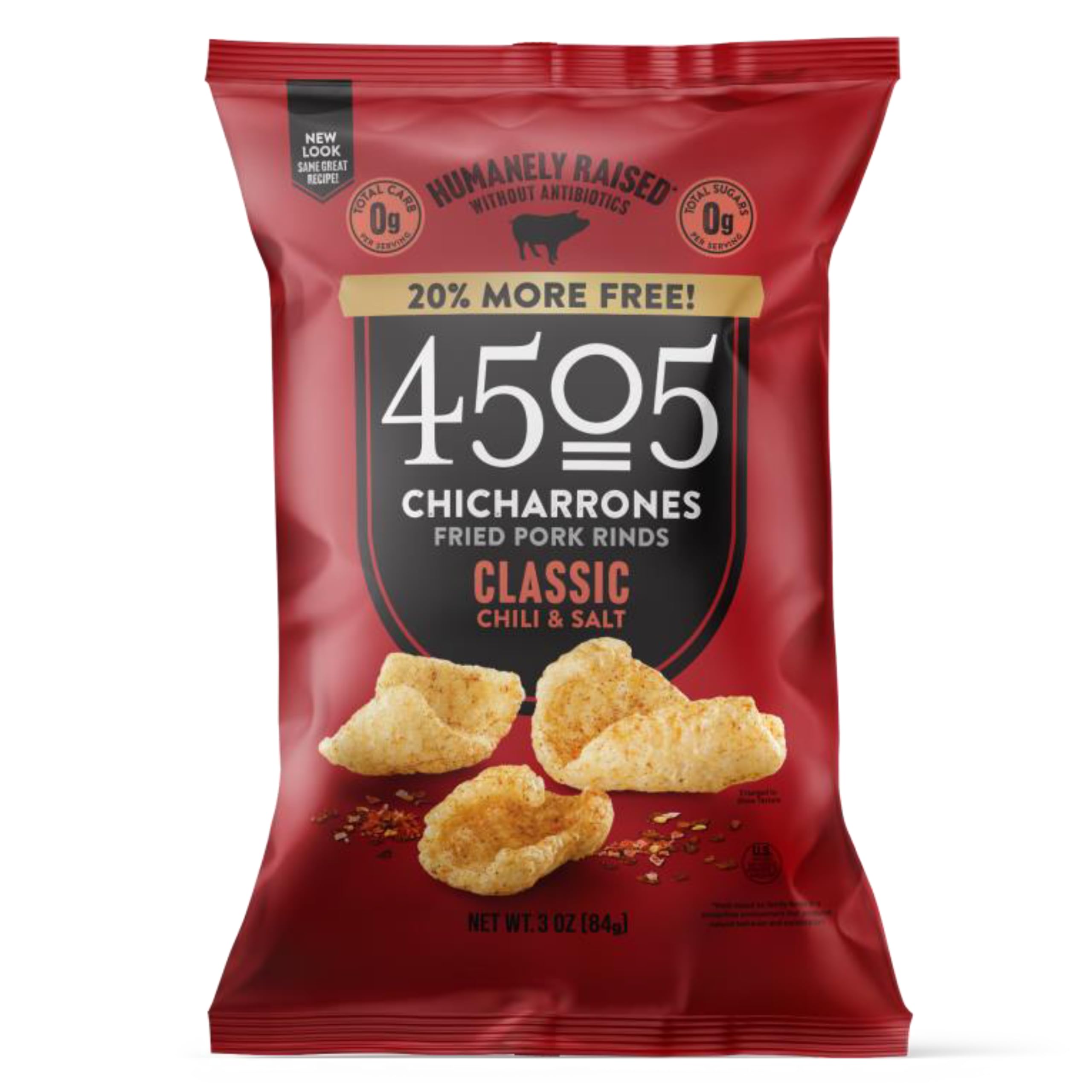 4505 Classic Seasoned Chicharrones, Fried Pork Rinds - Classic Chili & Salt Flavored Pork Skins - Low Carb, Gluten-Free, Protein Snack - 3oz (Pack of 1)