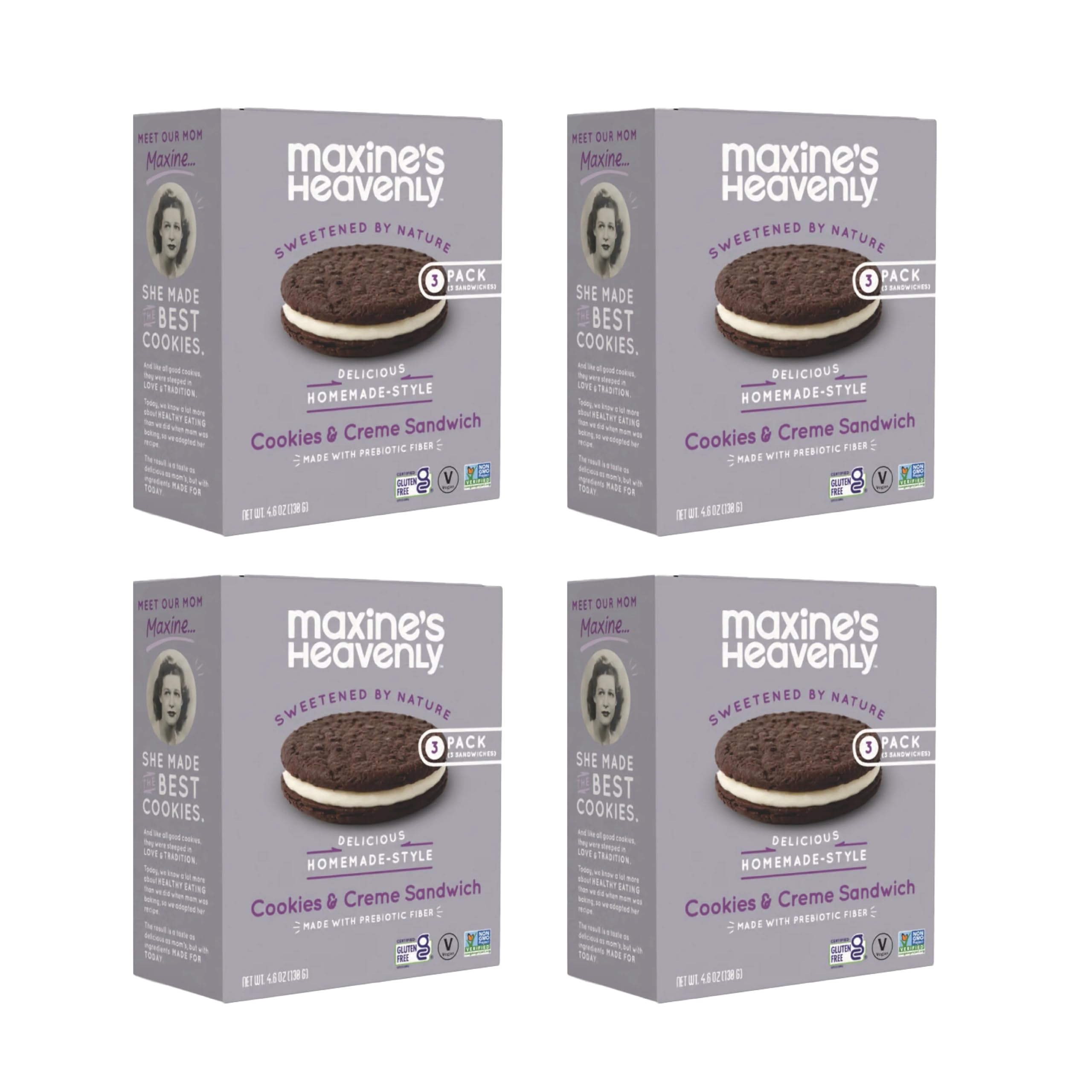 Maxine's Heavenly Soft Baked Creme Sandwich Cookies | Prebiotic Fiber, Low Sugar, Vegan Snacks, Plant Based Snack, Gluten Free Snack - Healthy Snacks | 4 Pack (Cookies & Creme Sandwich)