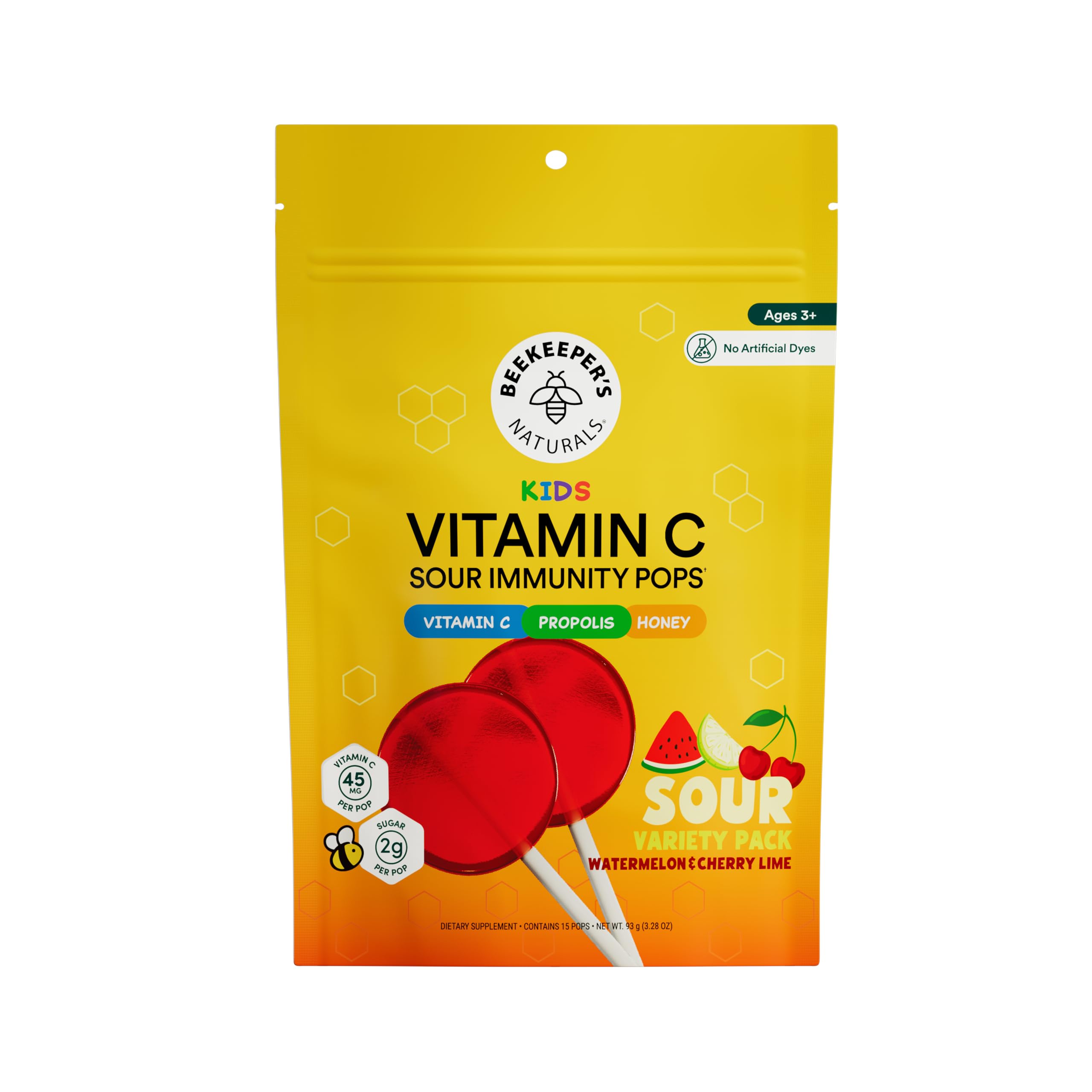 Beekeeper's Naturals Kids Vitamin C Lollipops, Sour Variety Pack, 15 Ct | Kids Vitamin C Lollipops with Propolis & Honey, Healthy Lollipops for Kids, Daily Immune Support, Only 2g Sugar in Each Pop