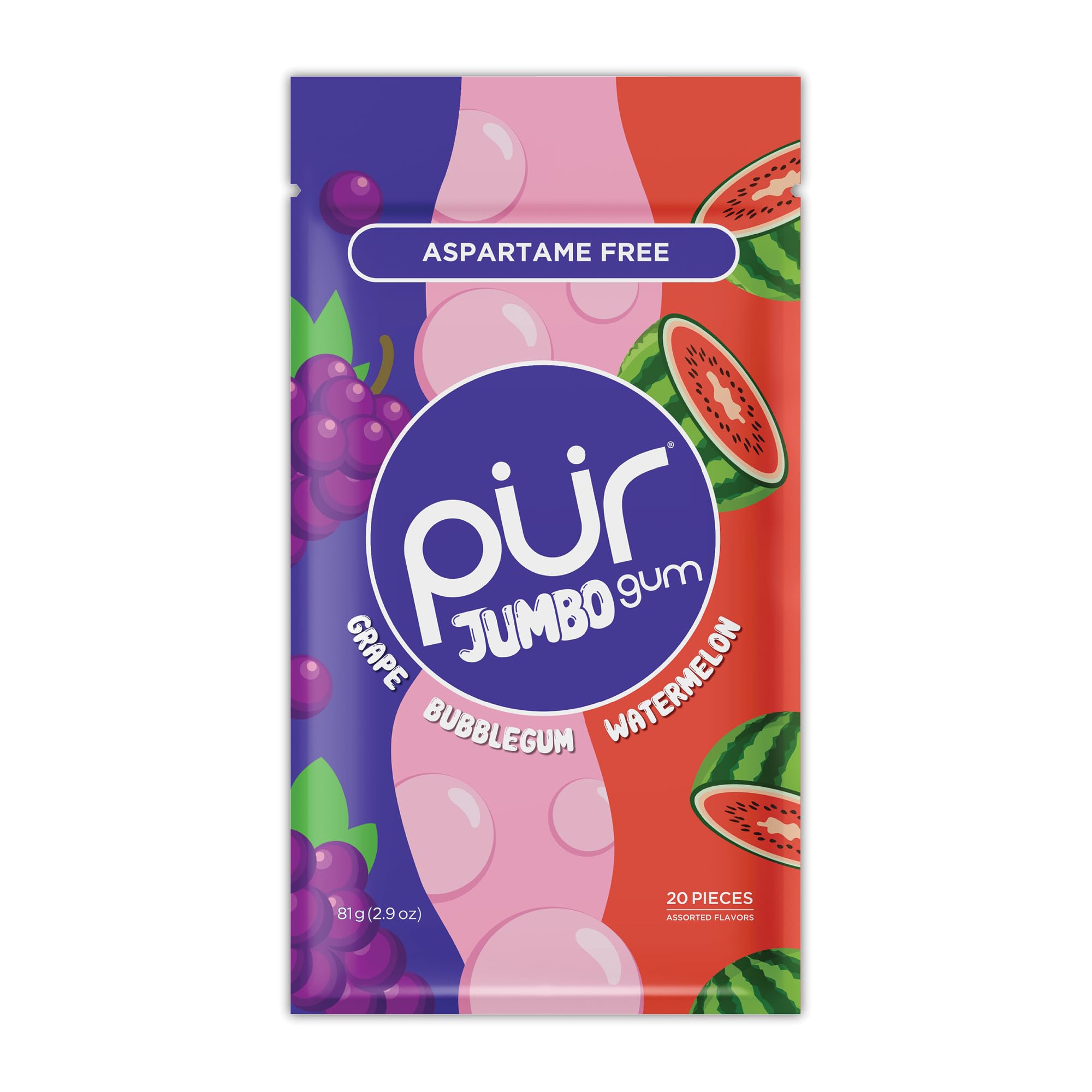 PUR Jumbo Gum, Grape, Bubblegum, Watermelon, Xylitol Gum, 20 Count | No Artificial Sweeteners or flavors, Sugar free, Aspartame free, Vegan, Gluten Free, Fun fruit candy flavor chewing gum