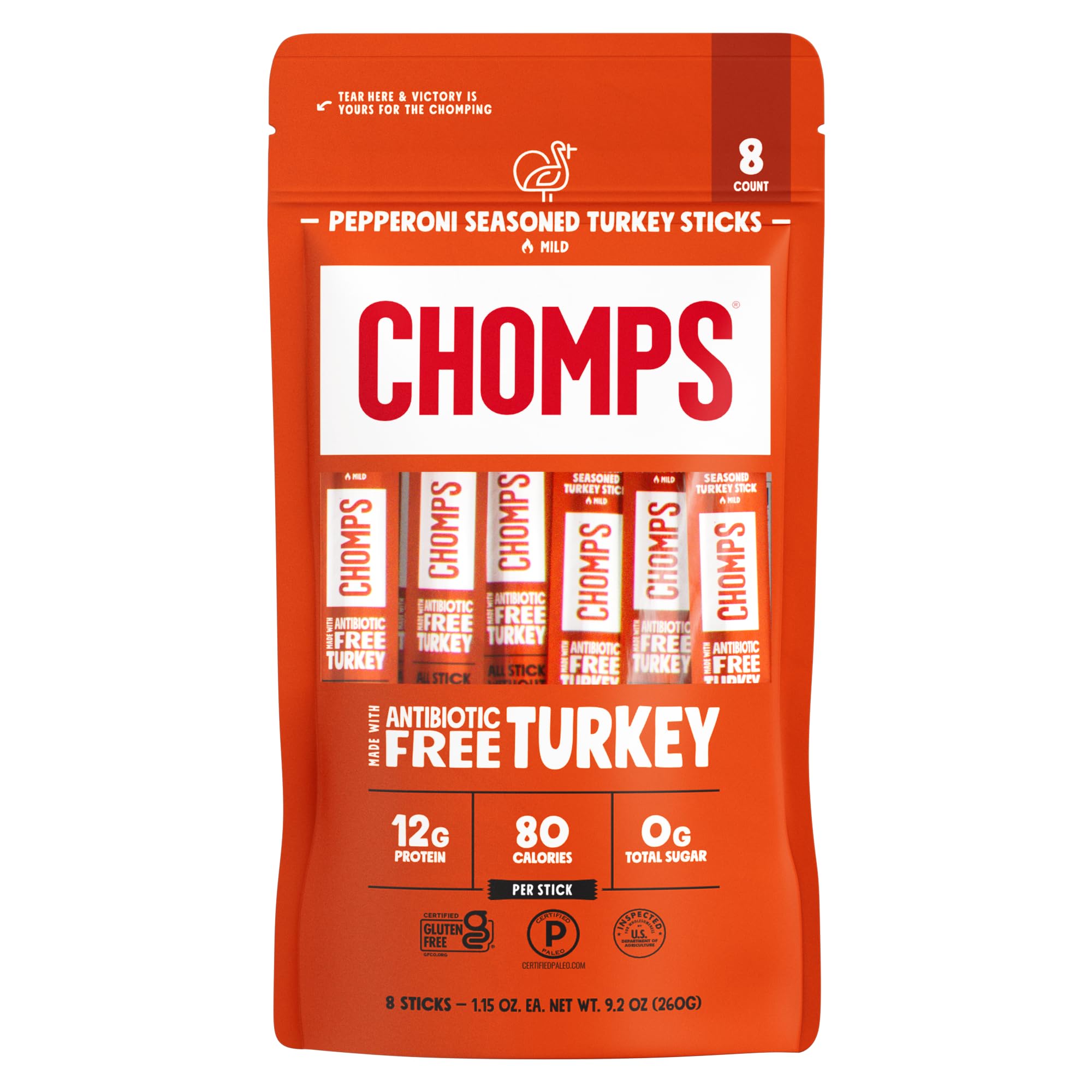 Chomps Pepperoni Turkey, Antibiotic Free, 8ct, Protein Snack Stick | Keto, Paleo, Gluten Free Turkey Stick, Zero Sugar Food, Whole30 Approved, Low Carb Snack, On-The-Go Nutrition, 12G Protein
