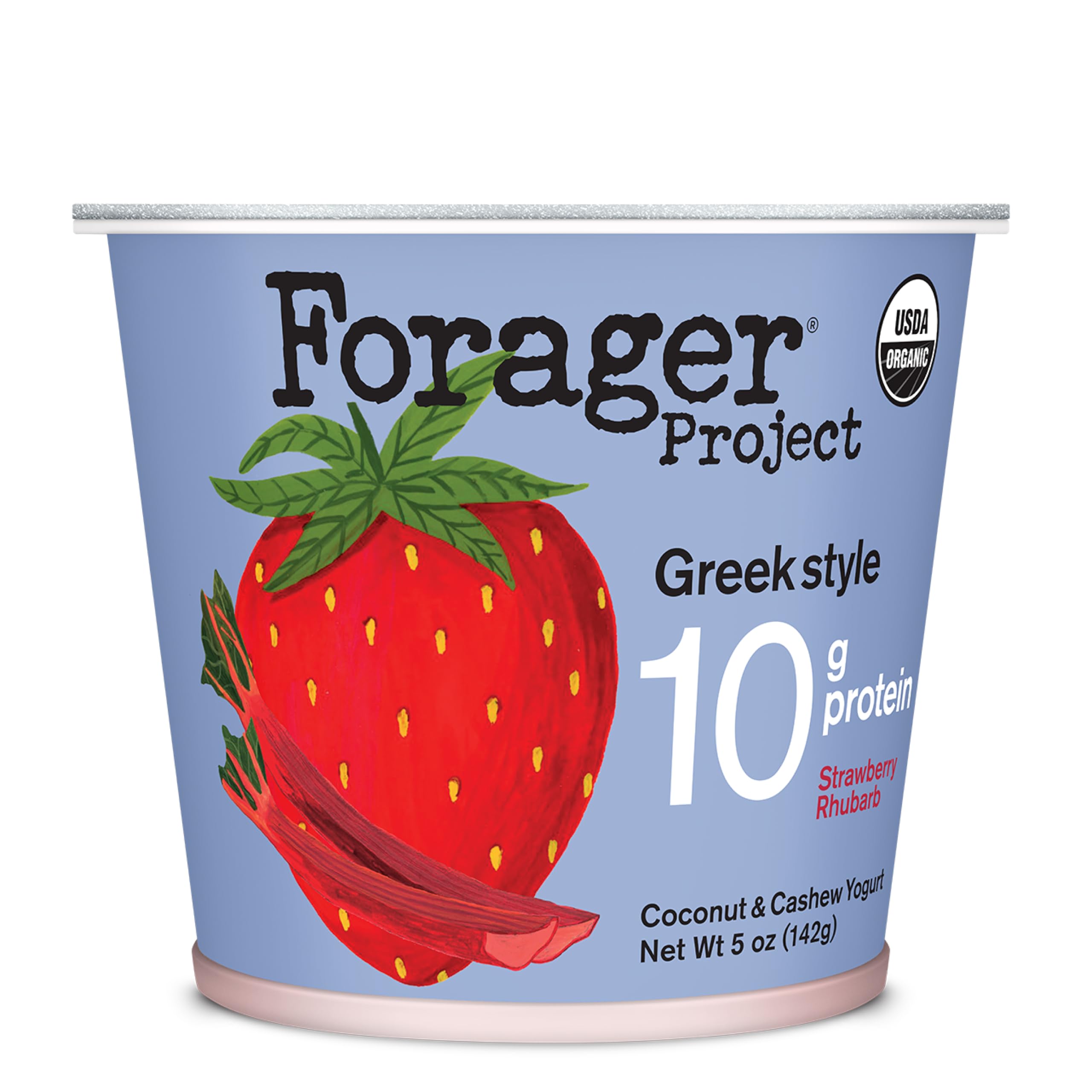 Forager Project Organic Strawberry Rhubarb Greek Cashew Yogurt, 5 oz | 10g plant-based protein with coconut. Dairy-free. Real strawberries and rhubarb. No pea protein. Single-serve cup