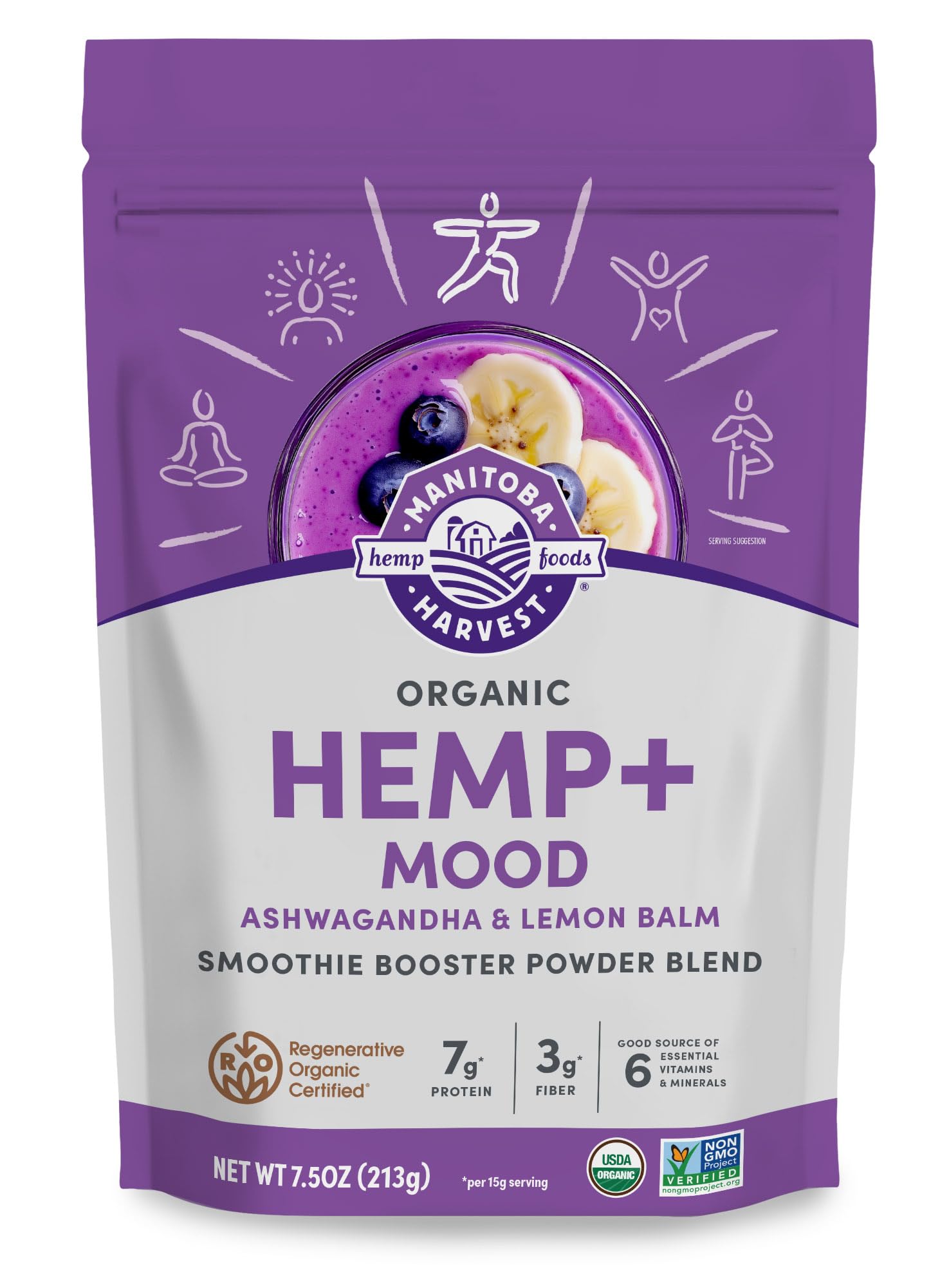 Manitoba Harvest Organic Hemp Mood Smoothie Booster Blend, 7.5 oz | 7 g of Protein, 3 g of Fiber per Serving, Made with Ashwagandha, Lemon Balm, and Hemp Protein Powder