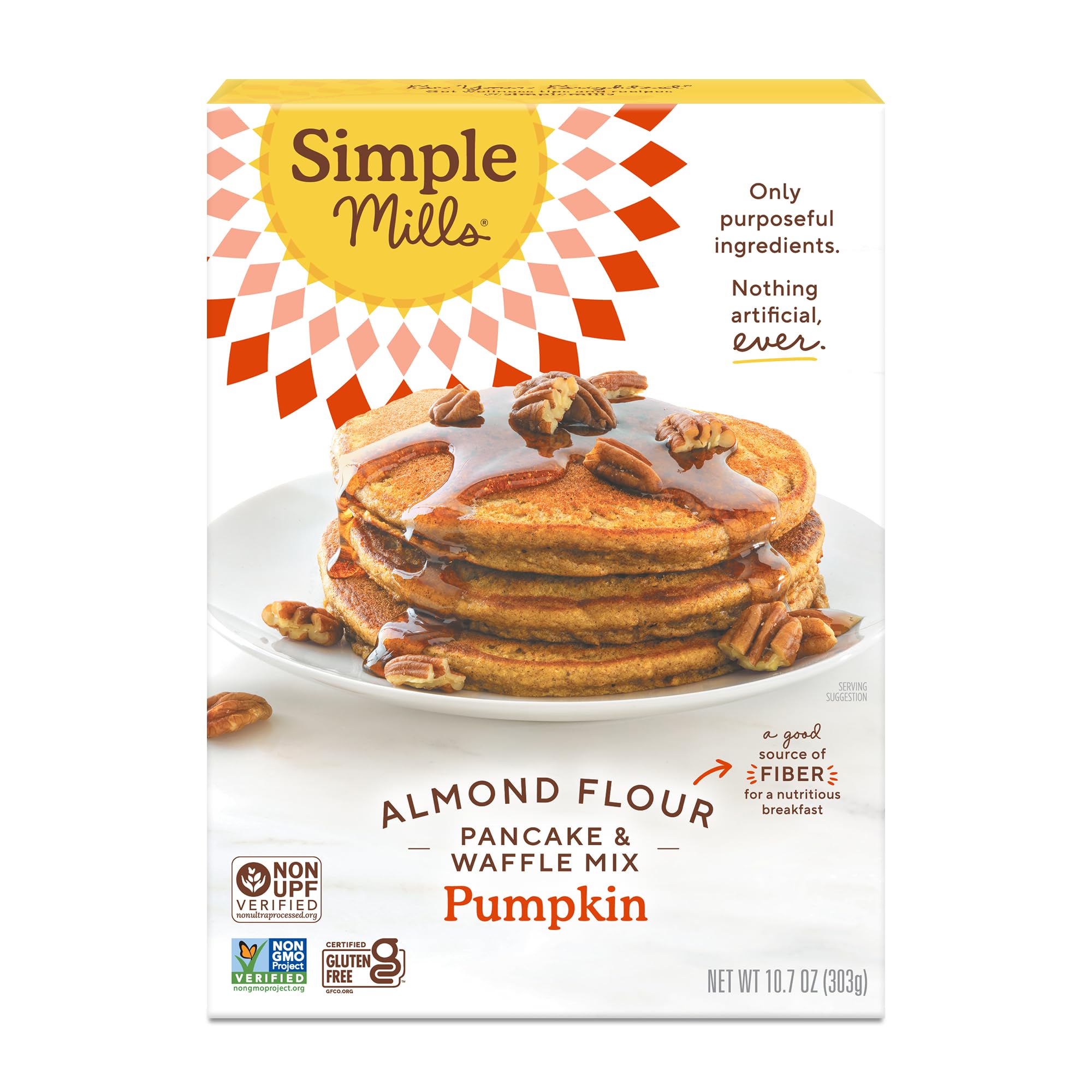 Simple Mills Almond Flour Pancake and Waffle Mix, Pumpkin, 1pk, 10.7oz | Makes 20 4-Inch Pancakes or Waffles, Certified Gluten Free, Good Source of Fiber, Paleo-Friendly, Non-UPF Verified