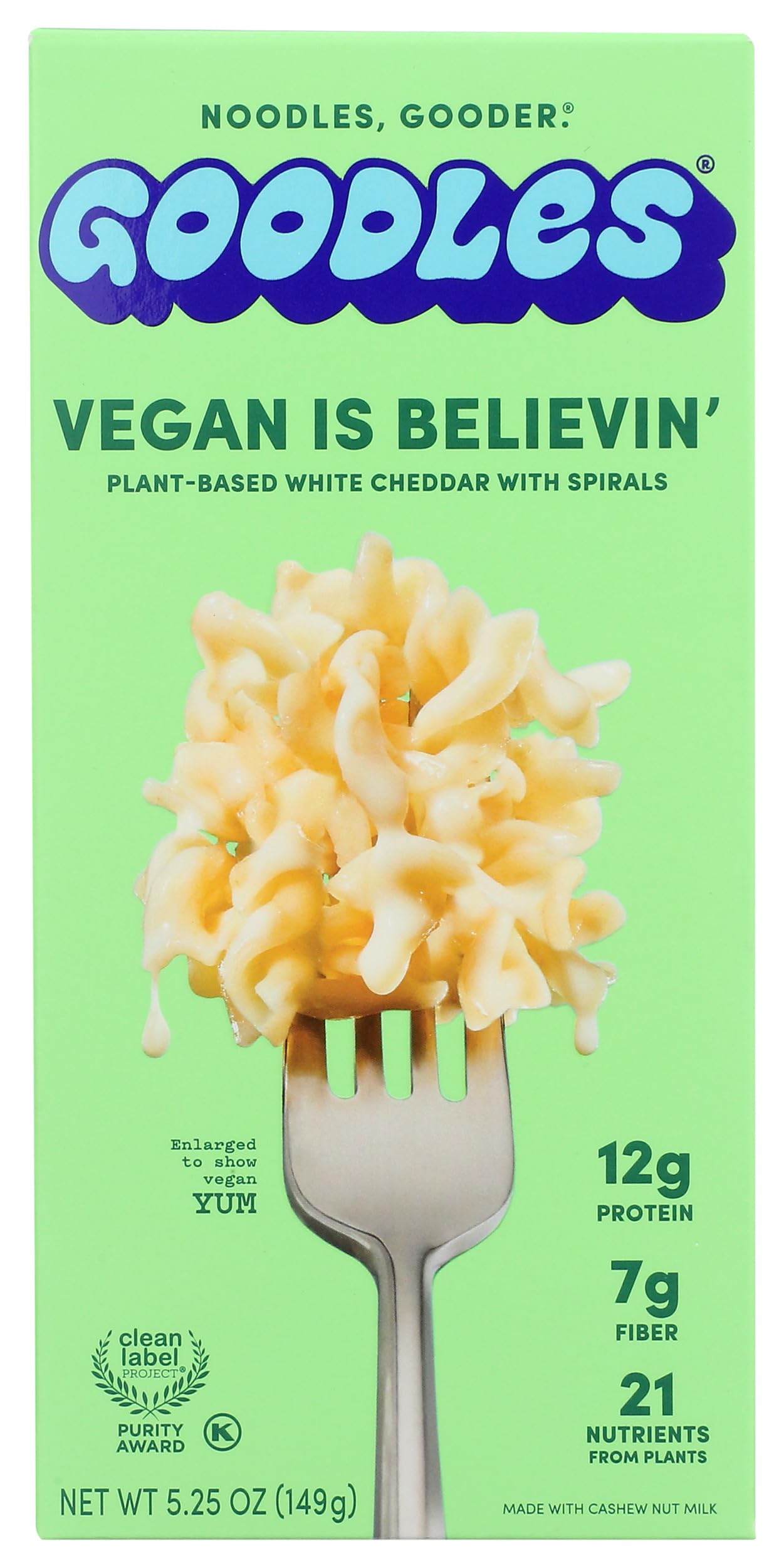 Goodles Vegan Is Believin’ Mac & Cheese 1-Pack, 5.25oz - 12g Protein | 7g Fiber with Prebiotics, 21 Nutrients, Kosher and Clean Label Certified