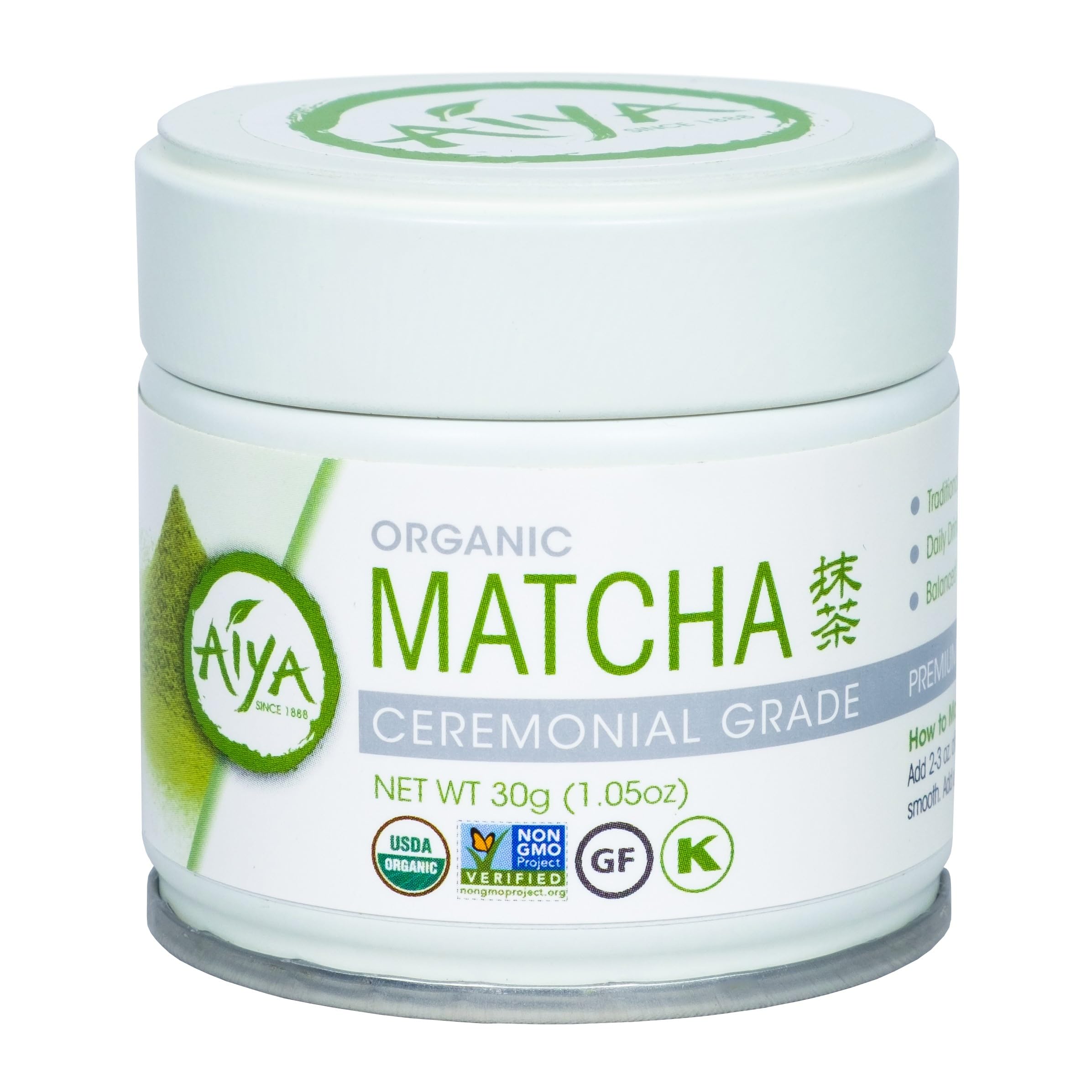 Aiya Organic Ceremonial Grade Matcha Powder - Premium Matcha Ceremonial Grade, Vibrant Jade Green Color, Mild Natural Sweetness, Japanese Tea Ceremonies - 30g Tin