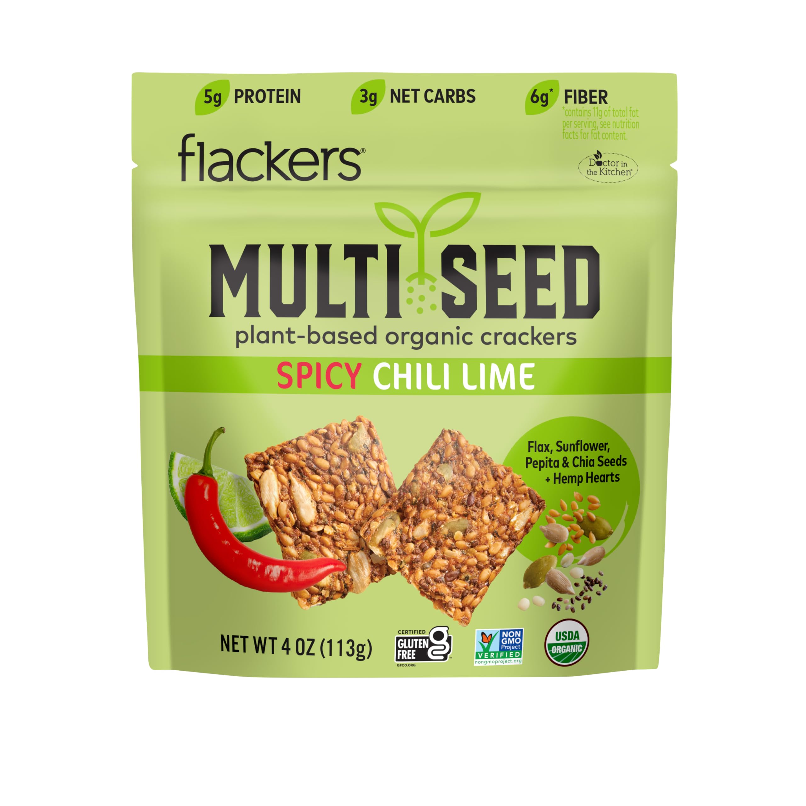 Crackers Multi Seed Spicy Chili Lime Organic, 4 Ounce | Organic, Gluten Free, Non-GMO, Vegan, Keto Snack, 8g Fiber, 3g Net Carbs