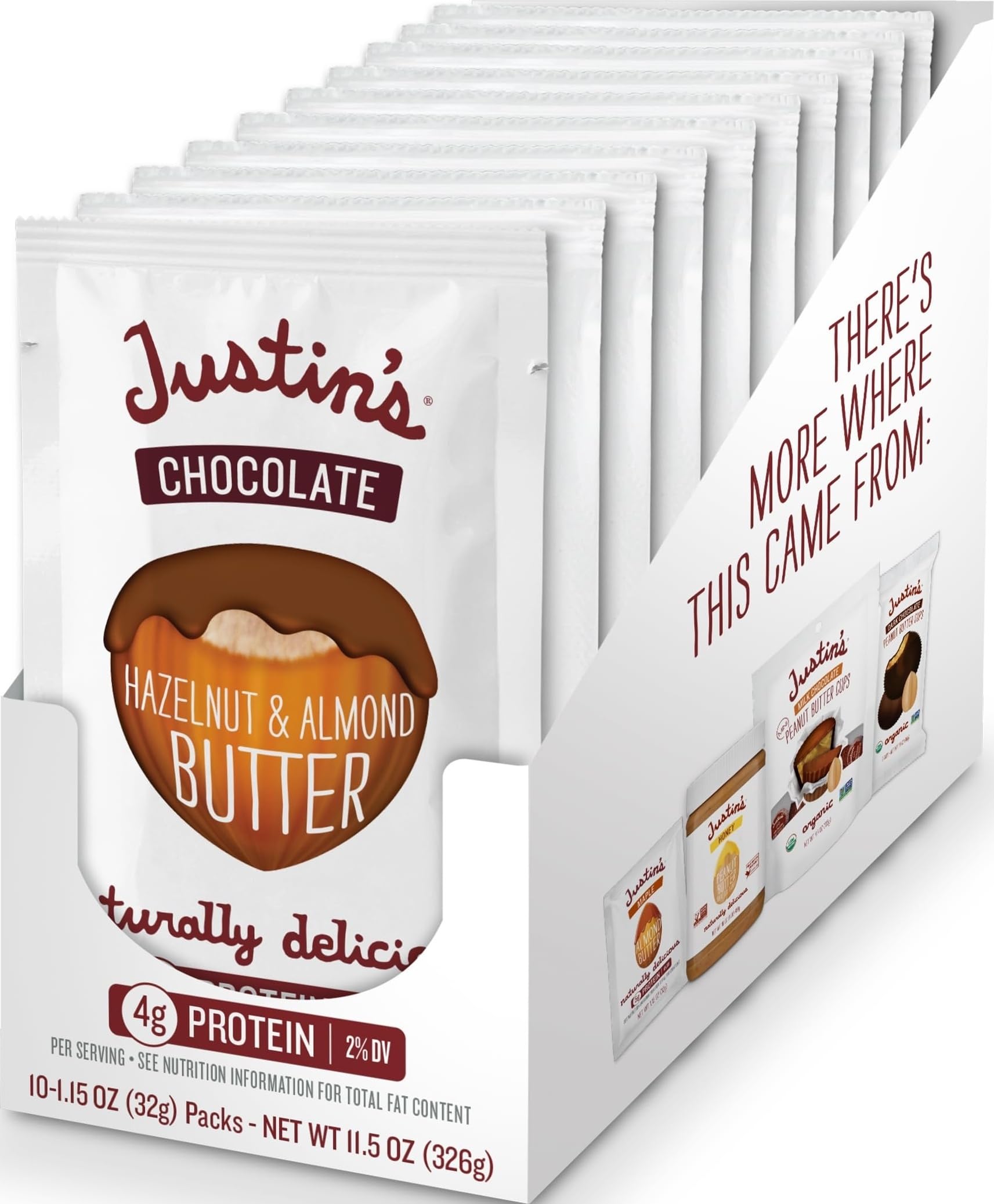 Justin's Chocolate Hazelnut & Almond Butter Squeeze Pack, Organic Cocoa, Gluten-free, Responsibly Sourced, Packaging May Vary, 1.15 Ounce (Pack of 10)