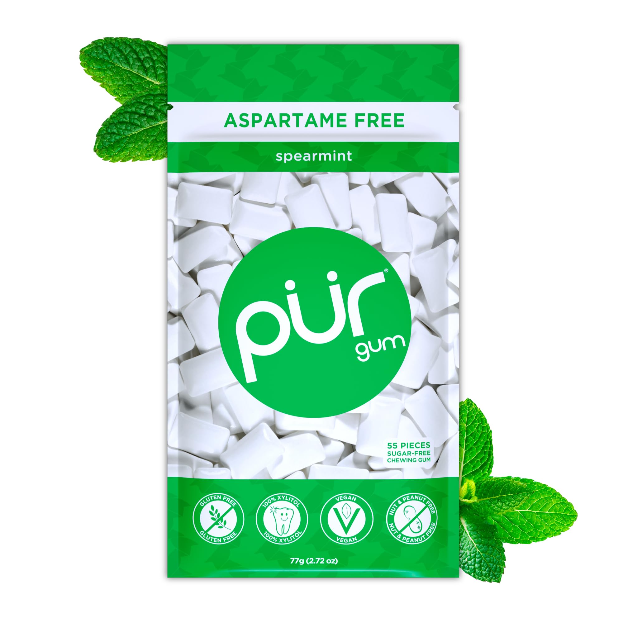 Spearmint, Xylitol Gum, No Artificial Flavor, 55 Count | No Artificial Sweeteners, Vegan, Sugar Free, Gluten Free, Soy Free, Nut & Peanut Free, Swiss Made, Keto Friendly chewing gum