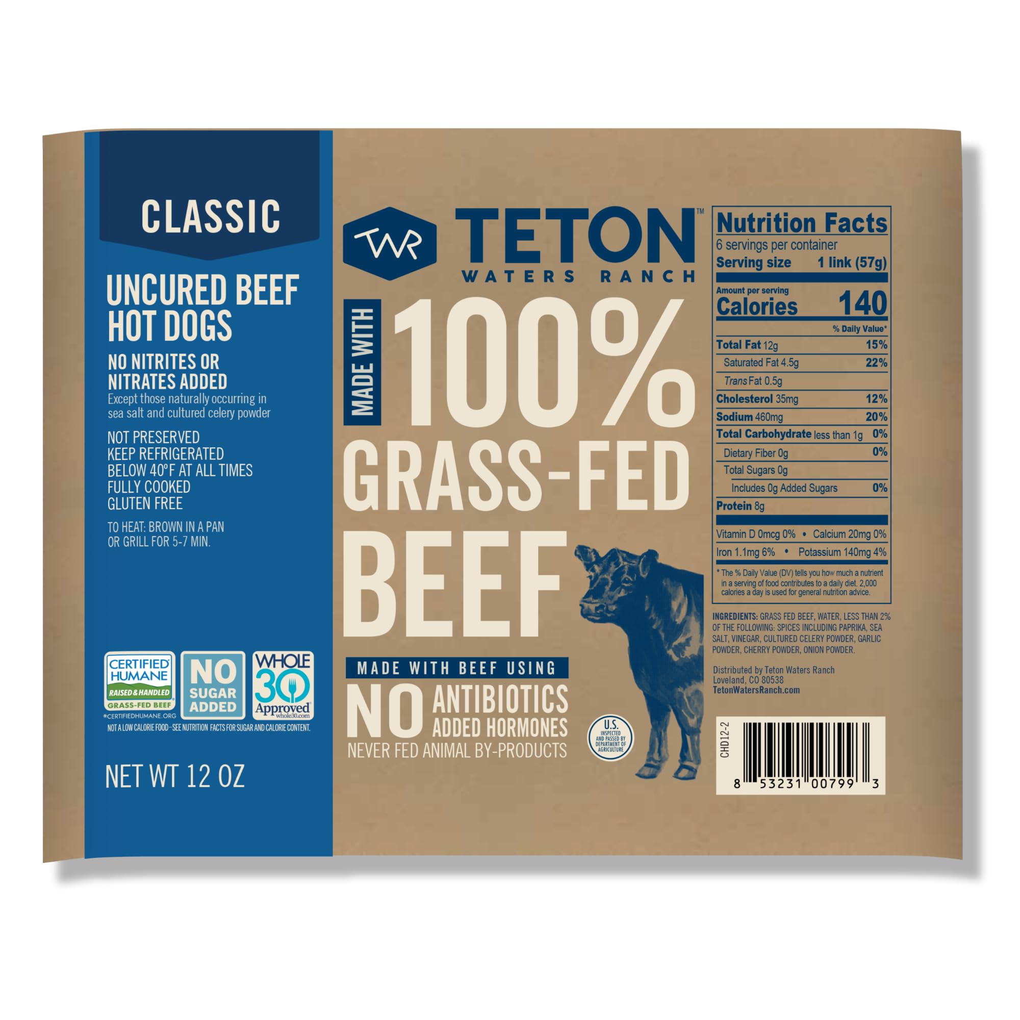 Teton Waters Ranch 100% Grass-Fed Beef Hot Dogs, Uncured All Beef Sausage, Fully Cooked, No Antibiotics or Hormones, Certified Humane - 6 count, 12oz