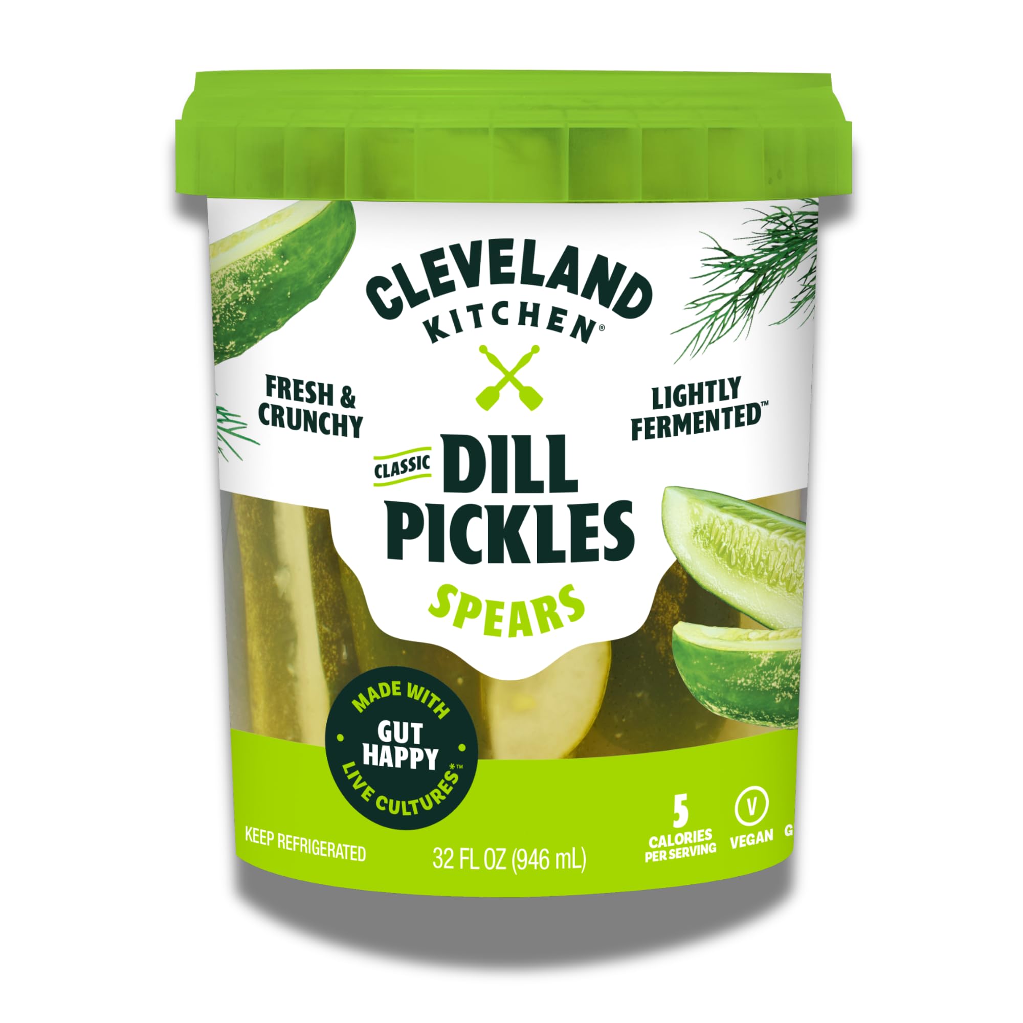 Cleveland Kitchen Classic Dill Pickle Spears - Lightly Fermented, Fresh & Crunchy, Bold Dill Flavor with a Hint of Garlic, Sugar Free, Vegan & Kosher, 32 oz
