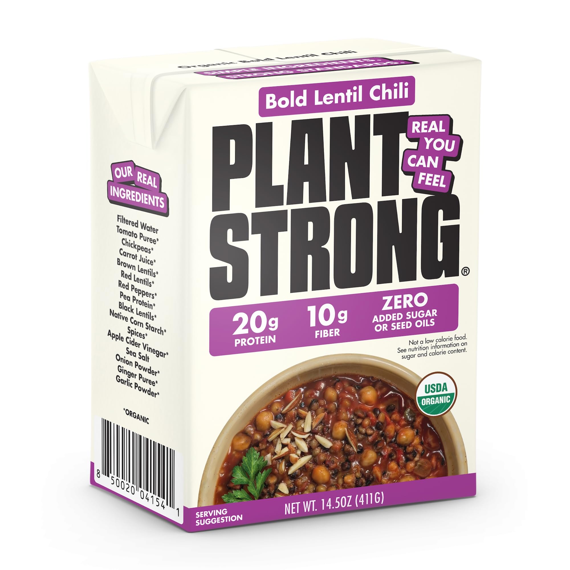 Plant Strong Organic Bold Lentil Chili, 14.5 oz | High Protein Vegan Lentil Chili | Chickpeas & Lentils, 20g Protein, USDA Organic, No Seed Oils, Ready-to-Eat Plant-Based Meal