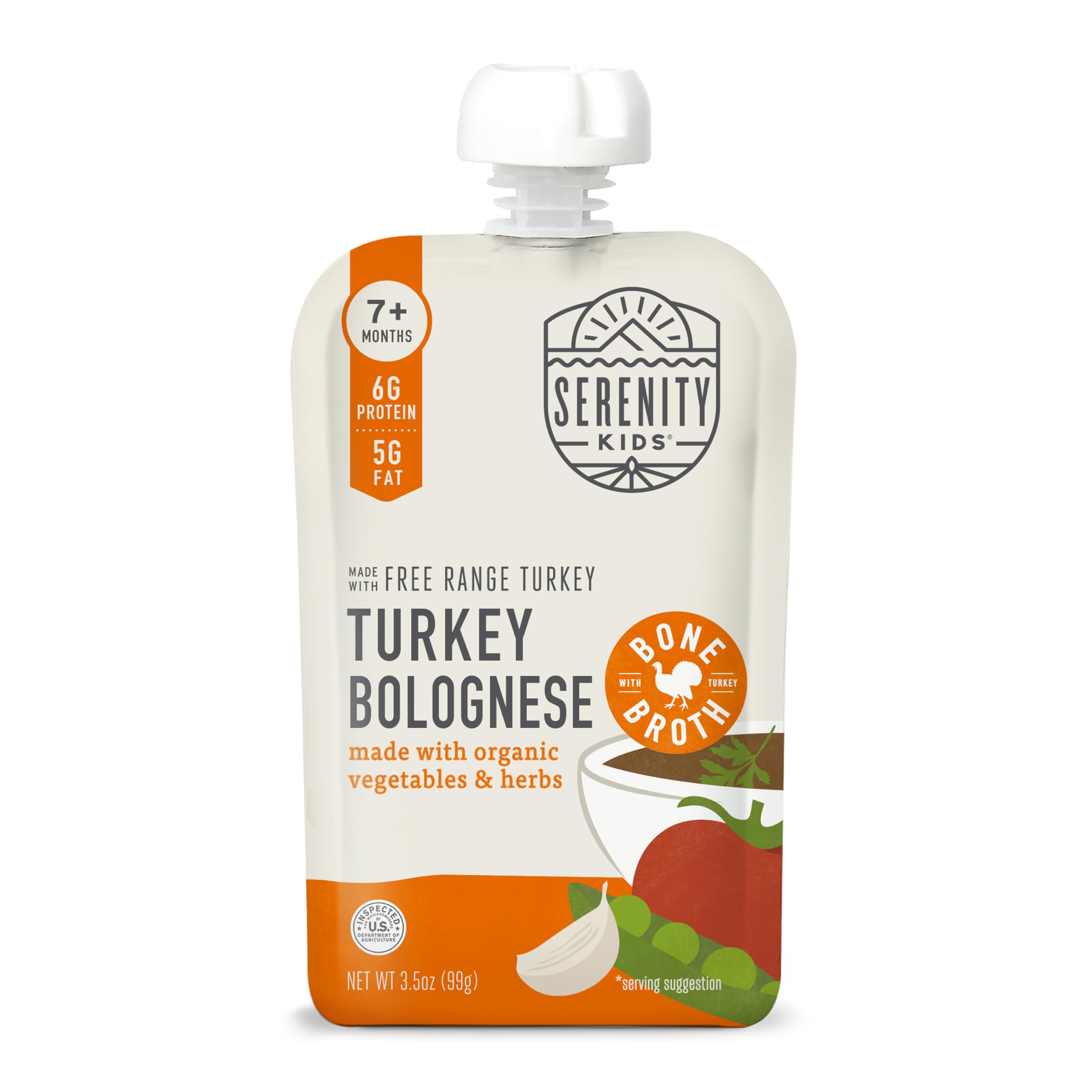 Serenity Kids Bone Broth Puree Made With Organic Veggies | Clean Label Project Purity Award Certified | 3.5 Ounce BPA-Free Pouch | Free Range Turkey Bolognese | 1 Count