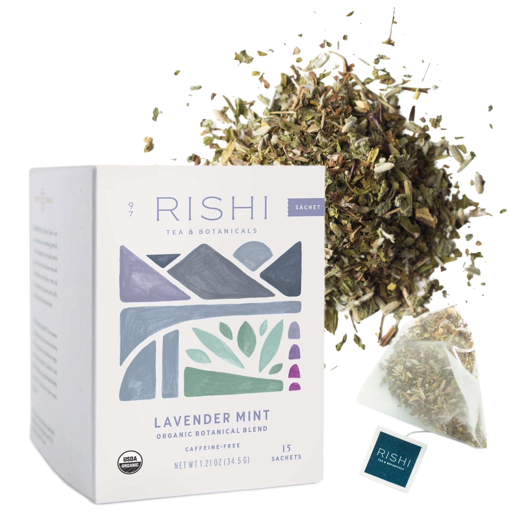 Rishi Tea Lavender Mint Organic Herbal Sachet Tea Bags, Caffeine Free, 15ct | Calming Lavender with Peppermint and Sage, Soothing Blend, Sustainable, 15 Servings