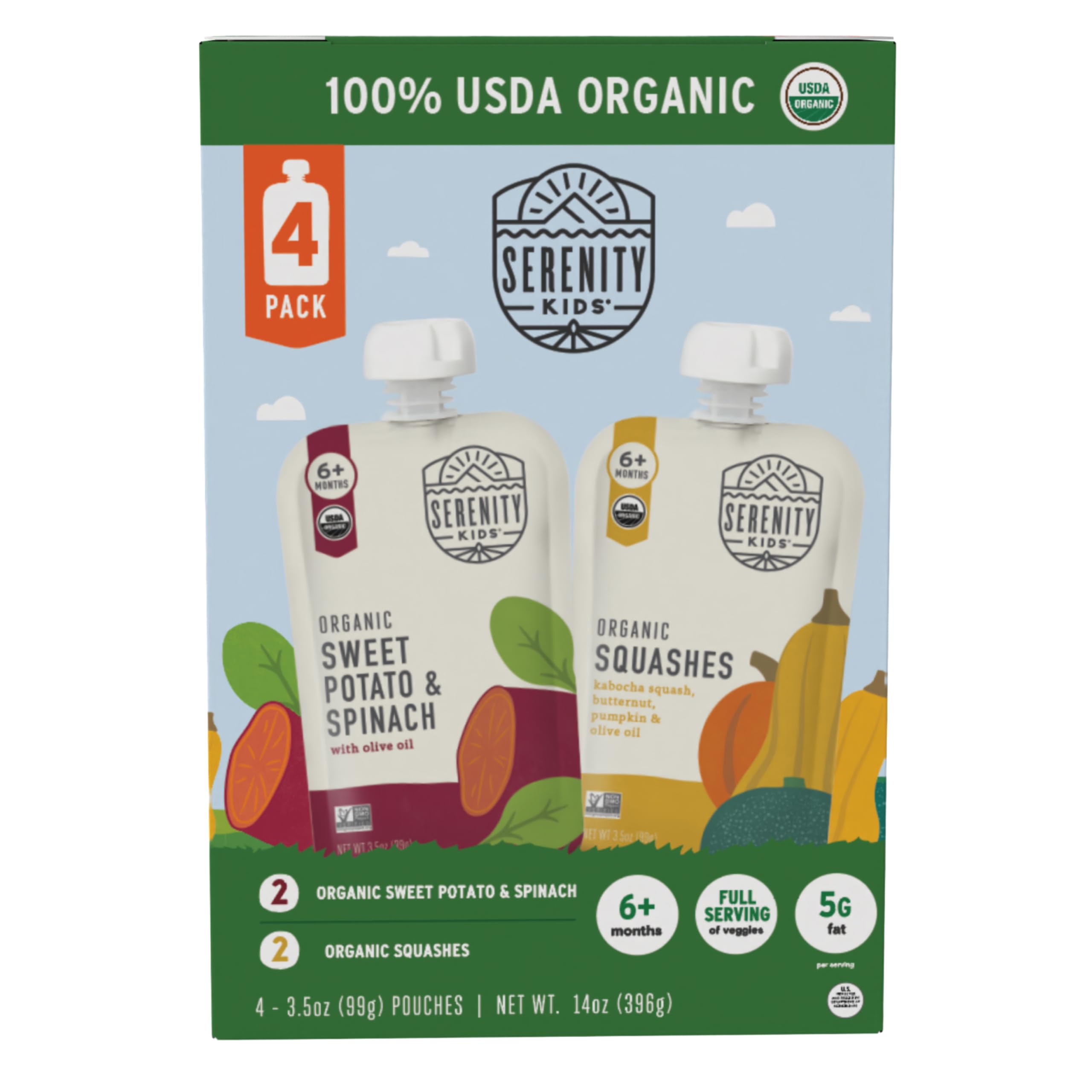 Serenity Kids 6+ Months Organic Veggie Puree Baby Food Pouches - Sweet Potato and Spinach & Squash Variety Pack - 3.5 oz, Pack of 4