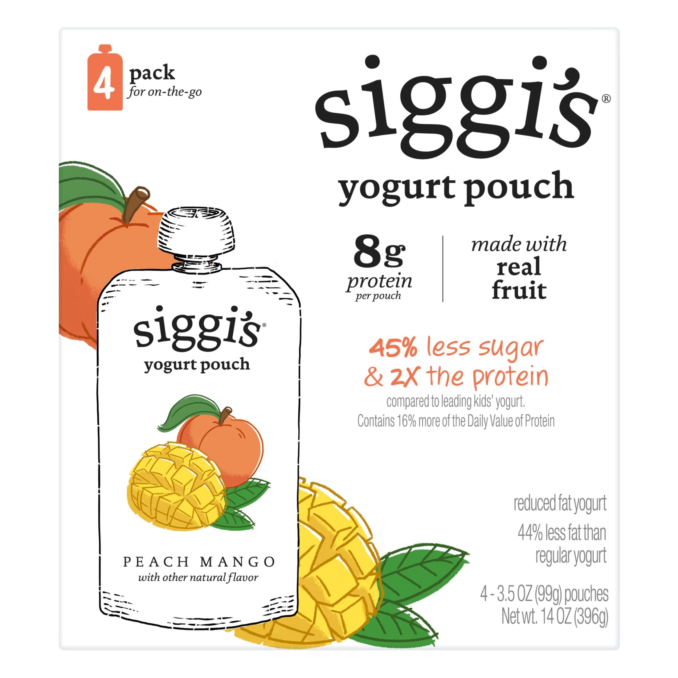 siggi’s Peach Mango Reduced Fat Yogurt Pouches, 3.5 oz, 4 ct Pack