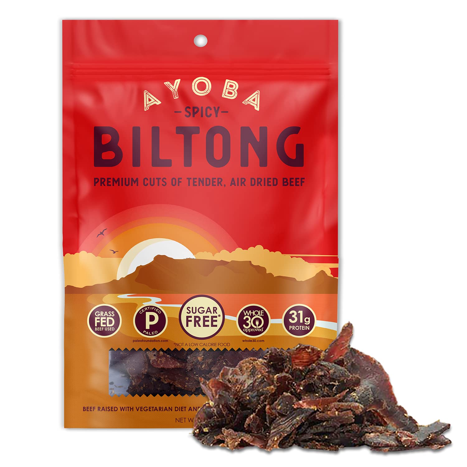 Ayoba Spicy Grass Fed Beef Biltong, Keto High Protein, 4oz, Pack of 1 | Spicy Air-Dried Sliced Beef from 100% Grass Fed Beef. South African Snack. Keto & Paleo, Gluten Free, Whole30, No Carb.