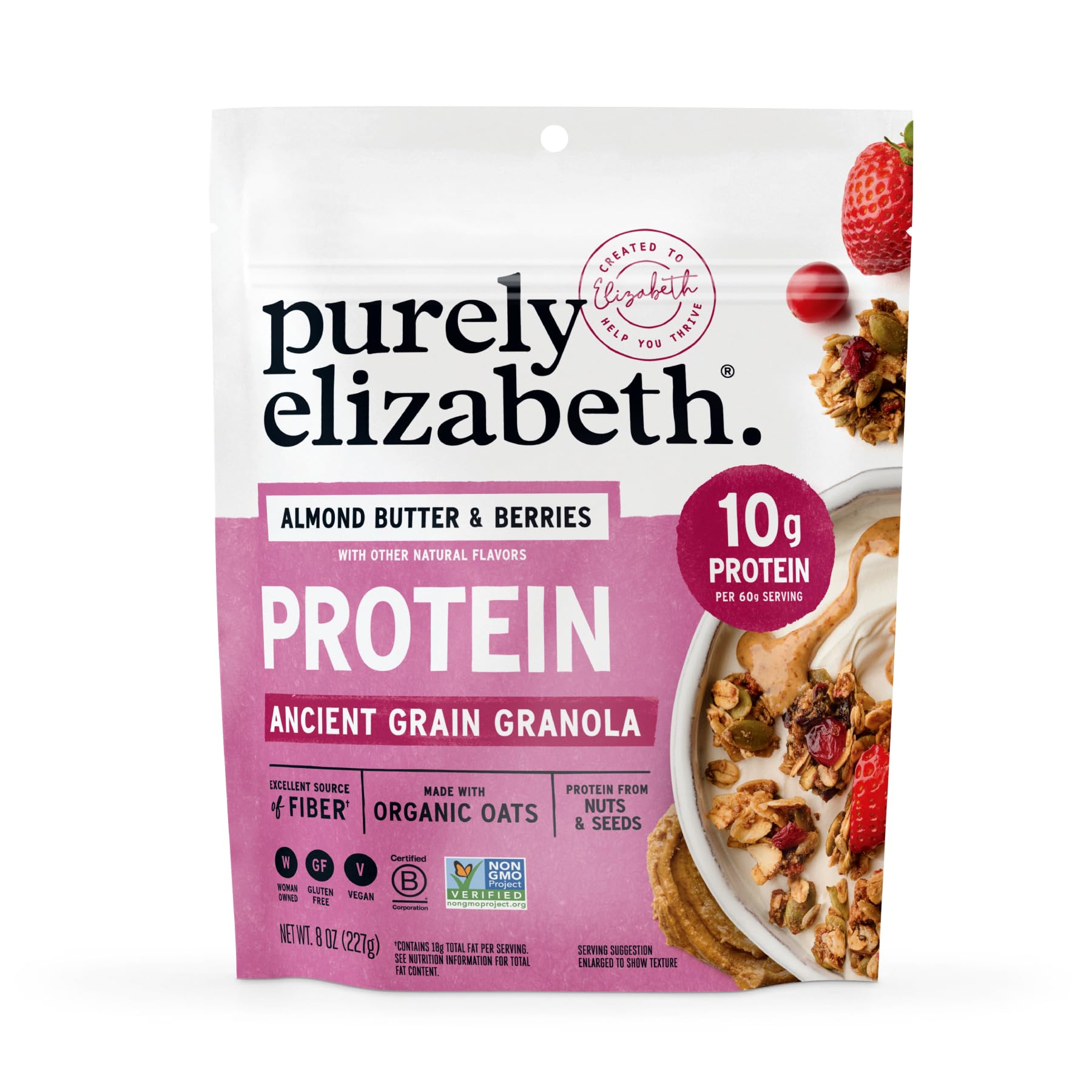 Purely Elizabeth, Protein Granola, Almond Butter and Berries, 8oz Bag