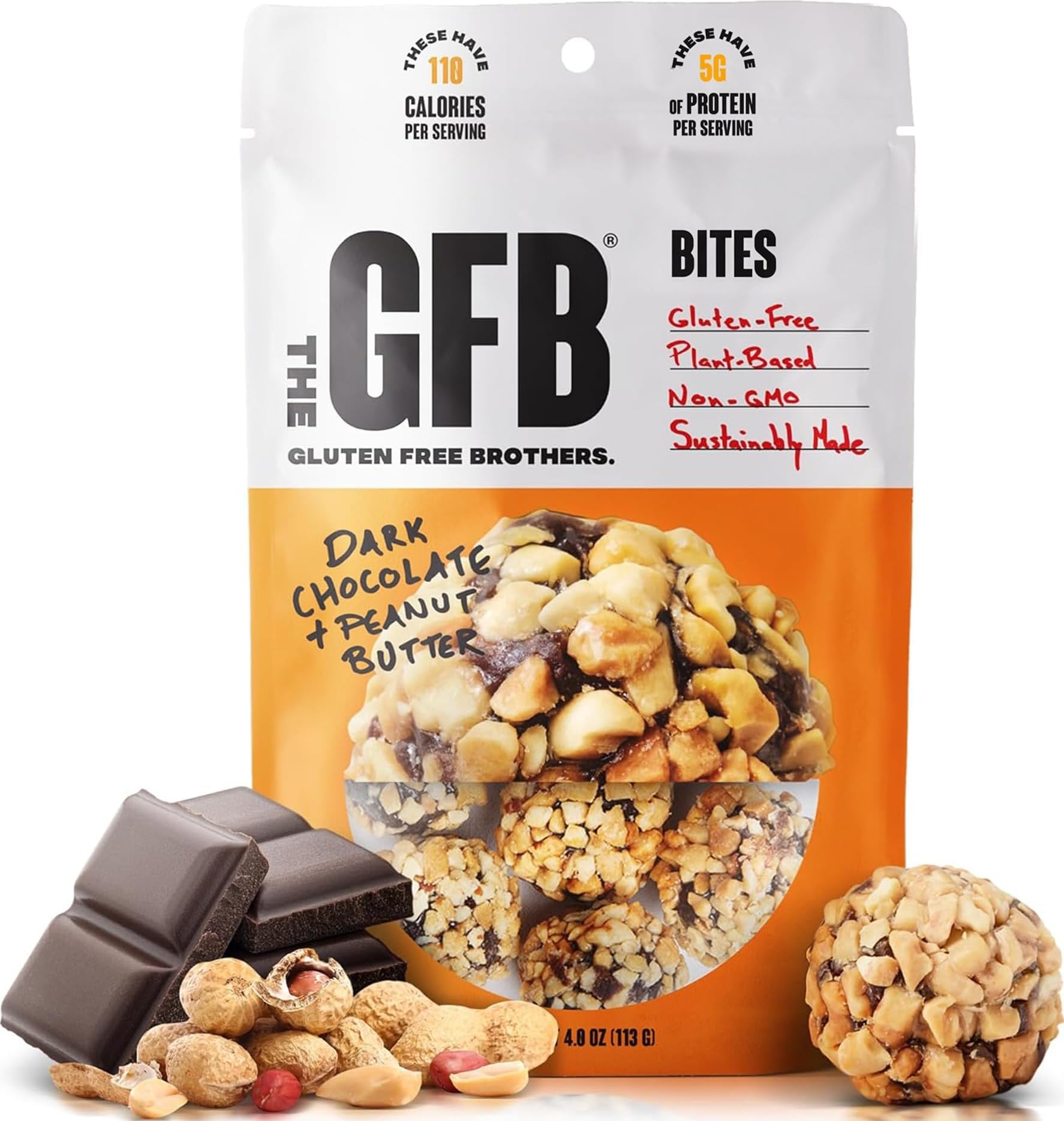 The GFB Dark Chocolate Peanut Butter Protein Bites | Certified Gluten Free Snack Bites | Super Tasty Plant Based Protein Balls | Travel Ready Non-GMO Kosher & Vegan Snacks | Resealable 4oz Bags, 1 Pack