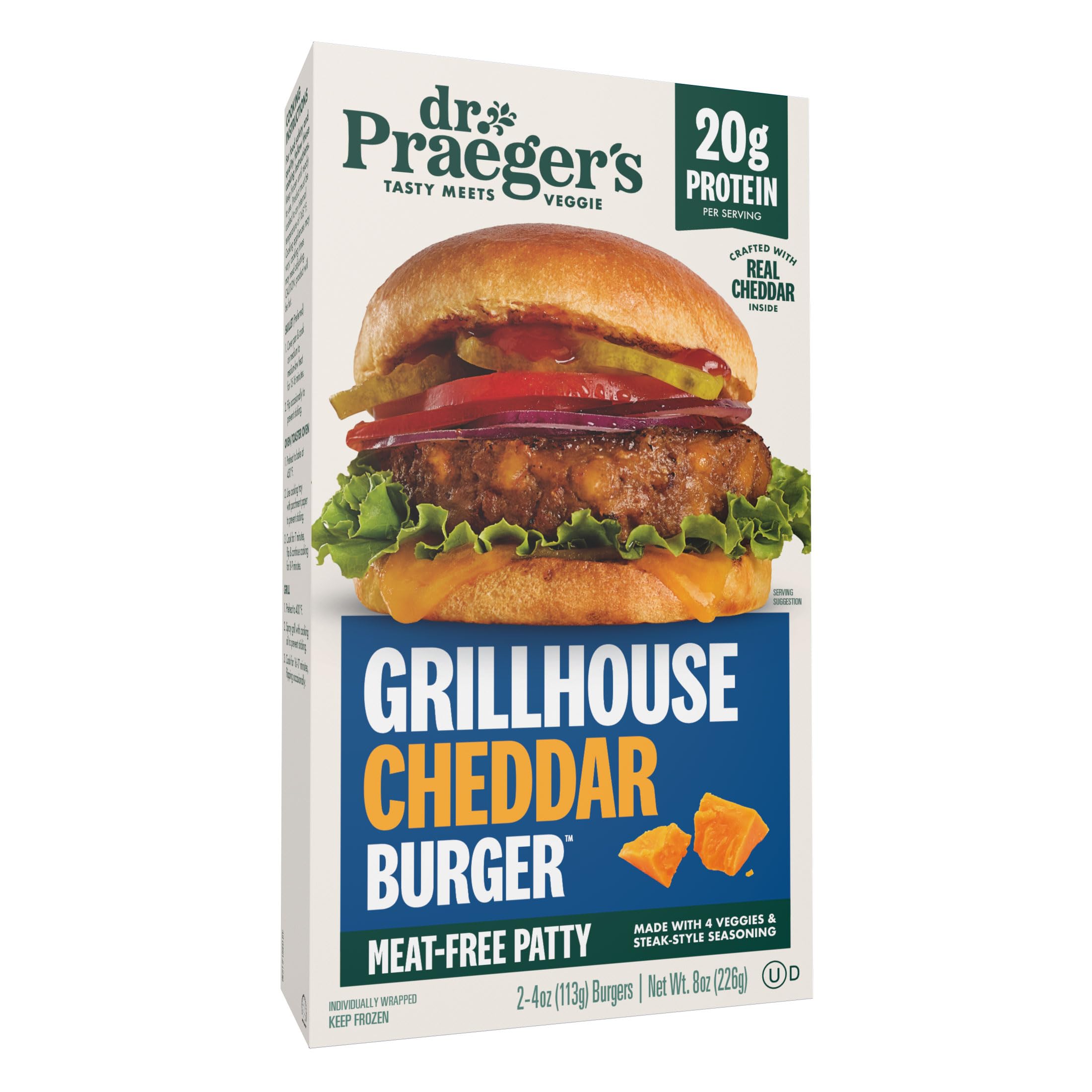 Dr. Praeger's Grillhouse Cheddar Burger, 2 Count, 8 oz | Meat-free burgers with real cheddar, steakhouse-inspired seasoning, 4 vegetables and 20g plant protein per patty.