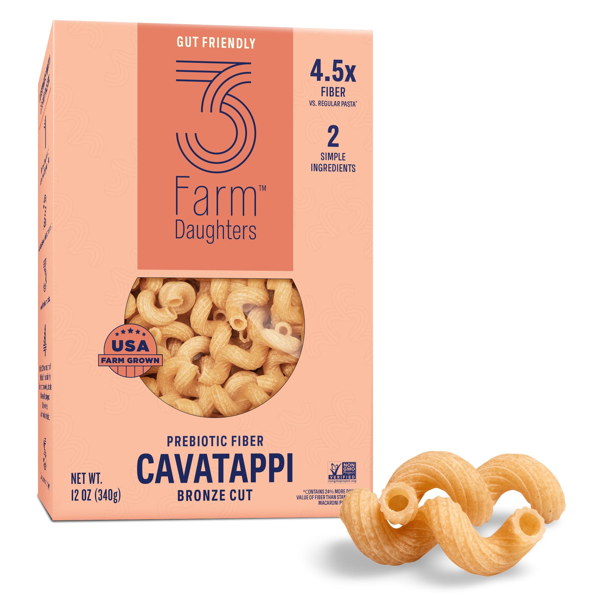 Three Farm Daughters High Fiber Cavatappi Pasta, 12 oz. (1 Pack) | Gut Healthy, Low GI, High Fiber Noodles, More Protein & Lower Net Carb, Made in the USA from 2 Simple Ingredients, Non GMO