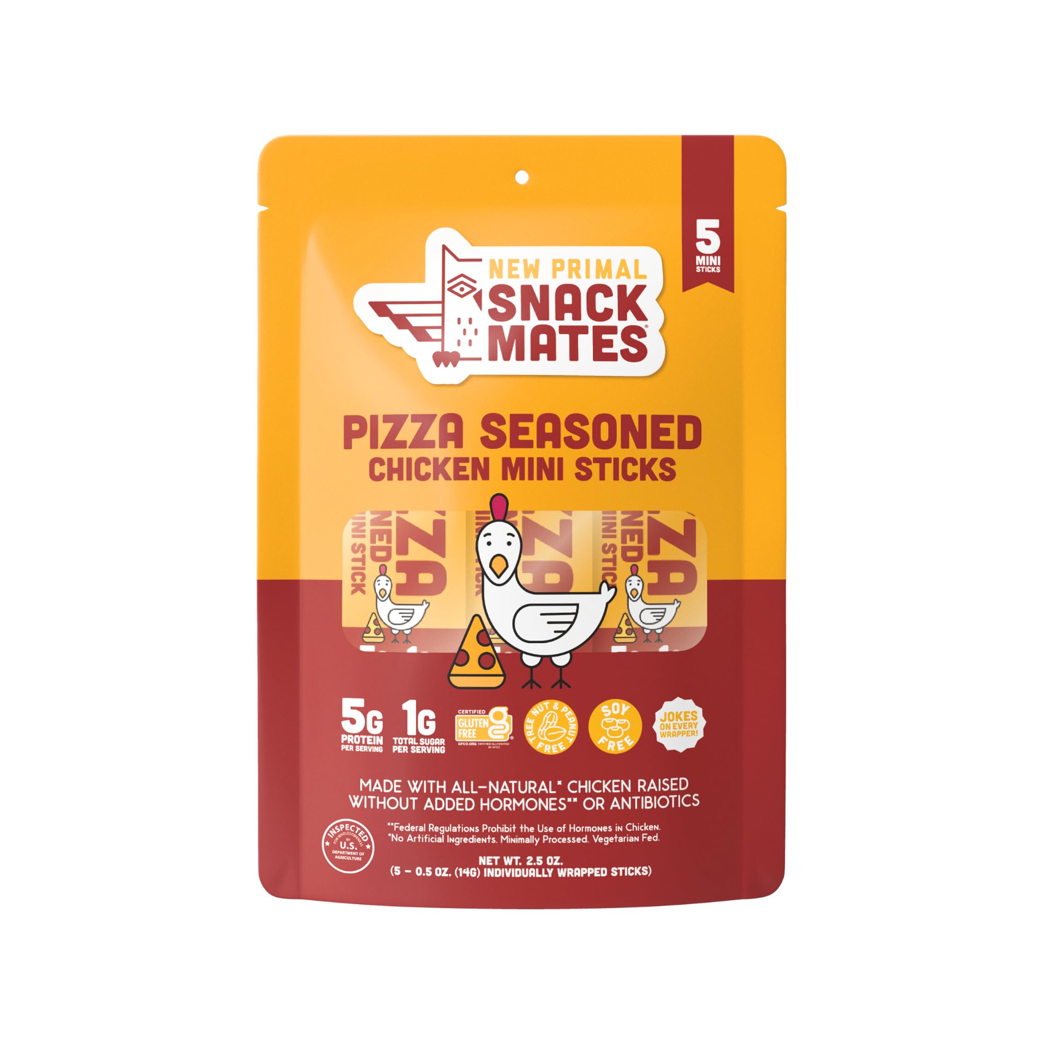 Snack Mates by The New Primal Pepperoni Pizza Chicken Sticks, Gluten Free Healthy Snacks for Kids, Low Sugar High Protein, Lunchbox Friendly, Mini Meat Stick, 5g Protein, 35 Calories, 5 Count