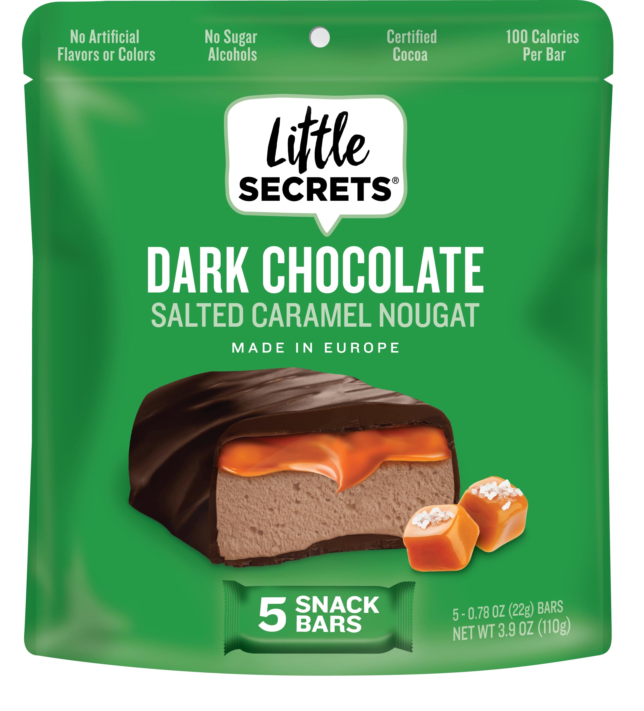 Little Secrets Dark Chocolate Caramel Nougat Bars | 5 Snack Bars | Made in Europe | Nothing Artificial & No Sugar Alcohols | Sustainable Cocoa | 3.9 Ounce, Pack of 1