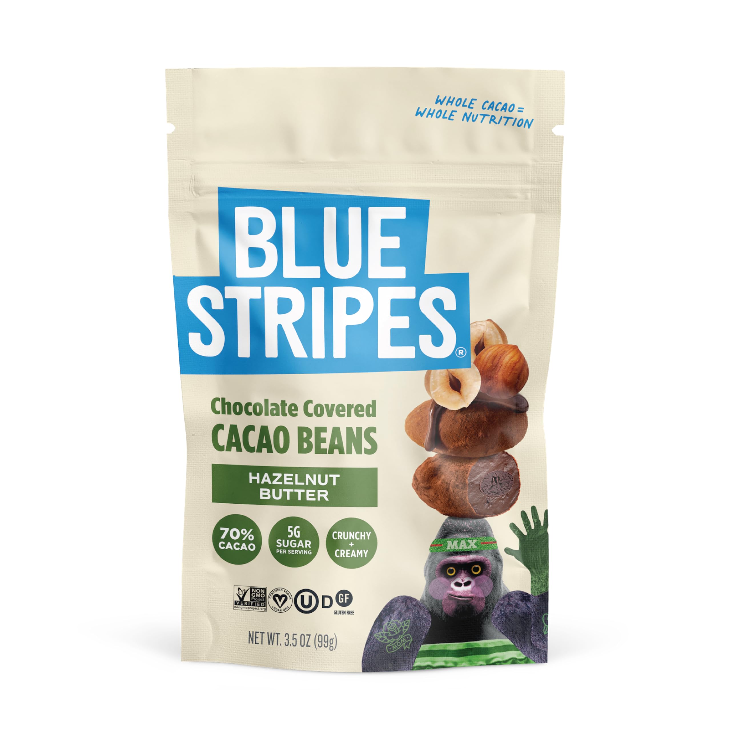 Blue Stripes - Chocolate Covered Cacao Beans, Hazelnut Butter, 70% Cacao, No Refined Sugar, Gluten Free, Vegan, Healthy Snacks, Non GMO, 5g of Sugar per Serving, 3.5 OZ
