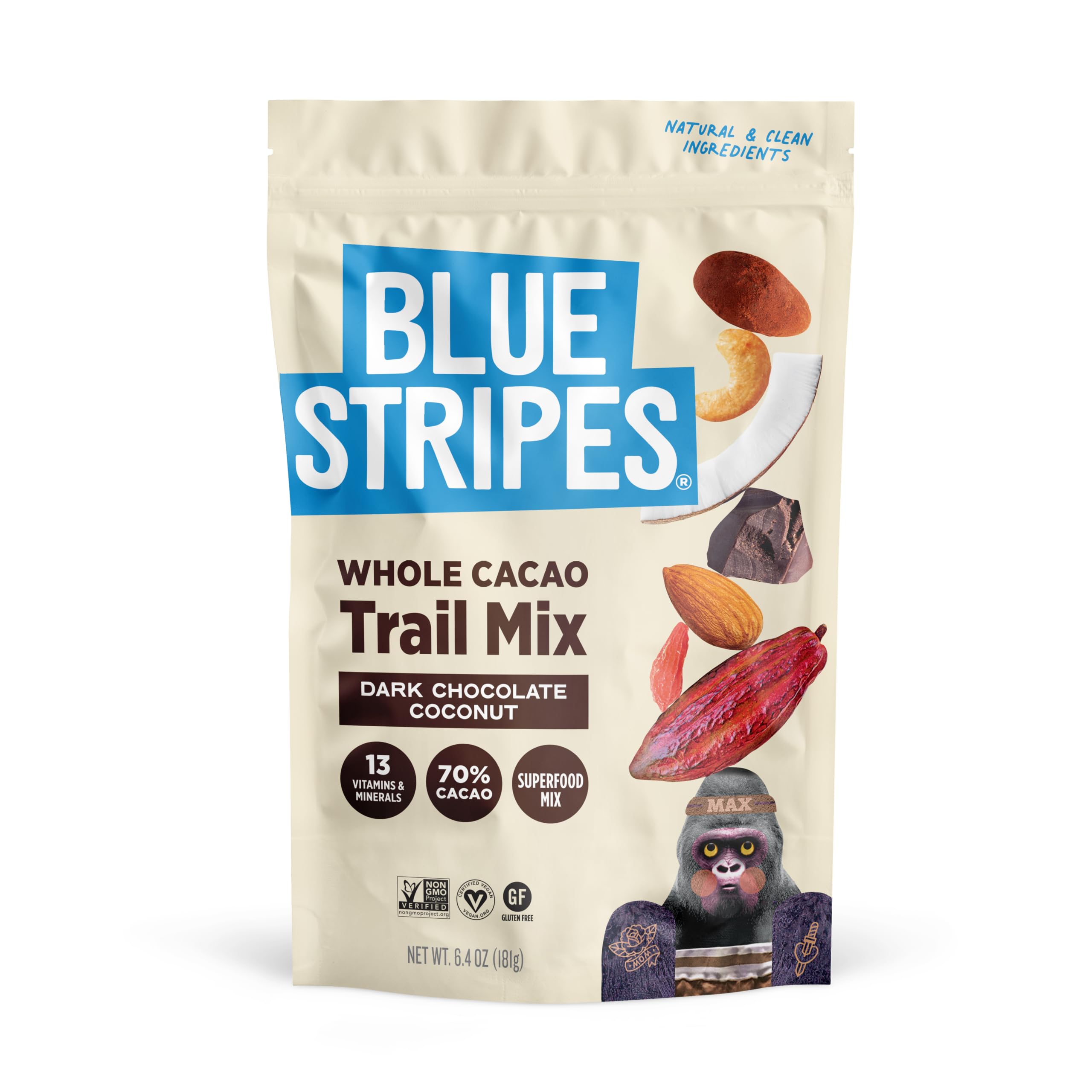Blue Stripes - Trail Mix, Dark Chocolate Coconut, Mixed Nuts, Healthy Snacks for Adults, Cashews, Whole 70% Cacao, With Unrefined Sugar, Non GMO, Gluten Free, Vegan, 6.4 oz