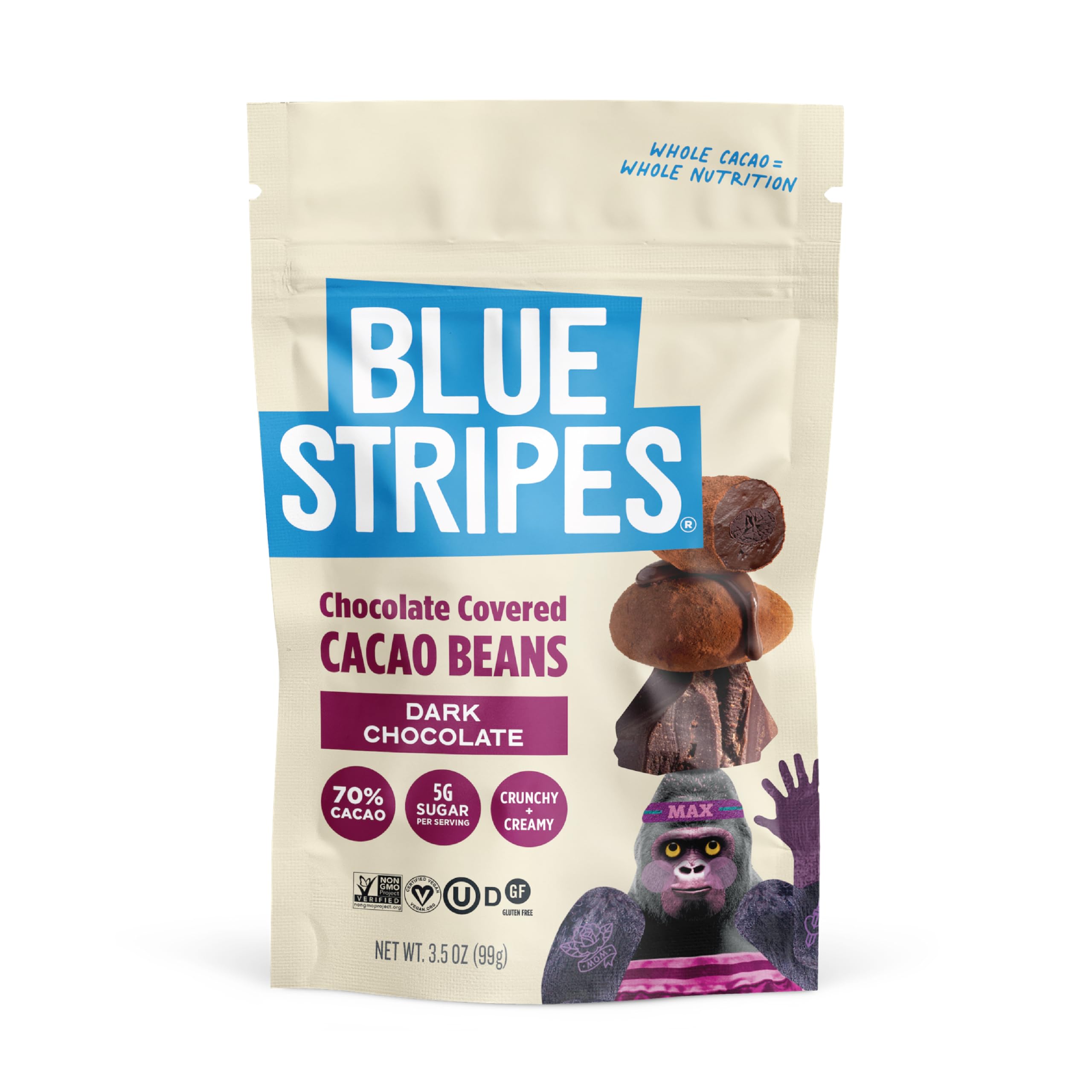 Blue Stripes - Chocolate Covered Cacao Beans, Dark Chocolate, 70% Cacao, No Refined Sugar, Gluten Free, Vegan, Healthy Snacks, Non GMO, 5g of Sugar per Serving, 3.5 OZ