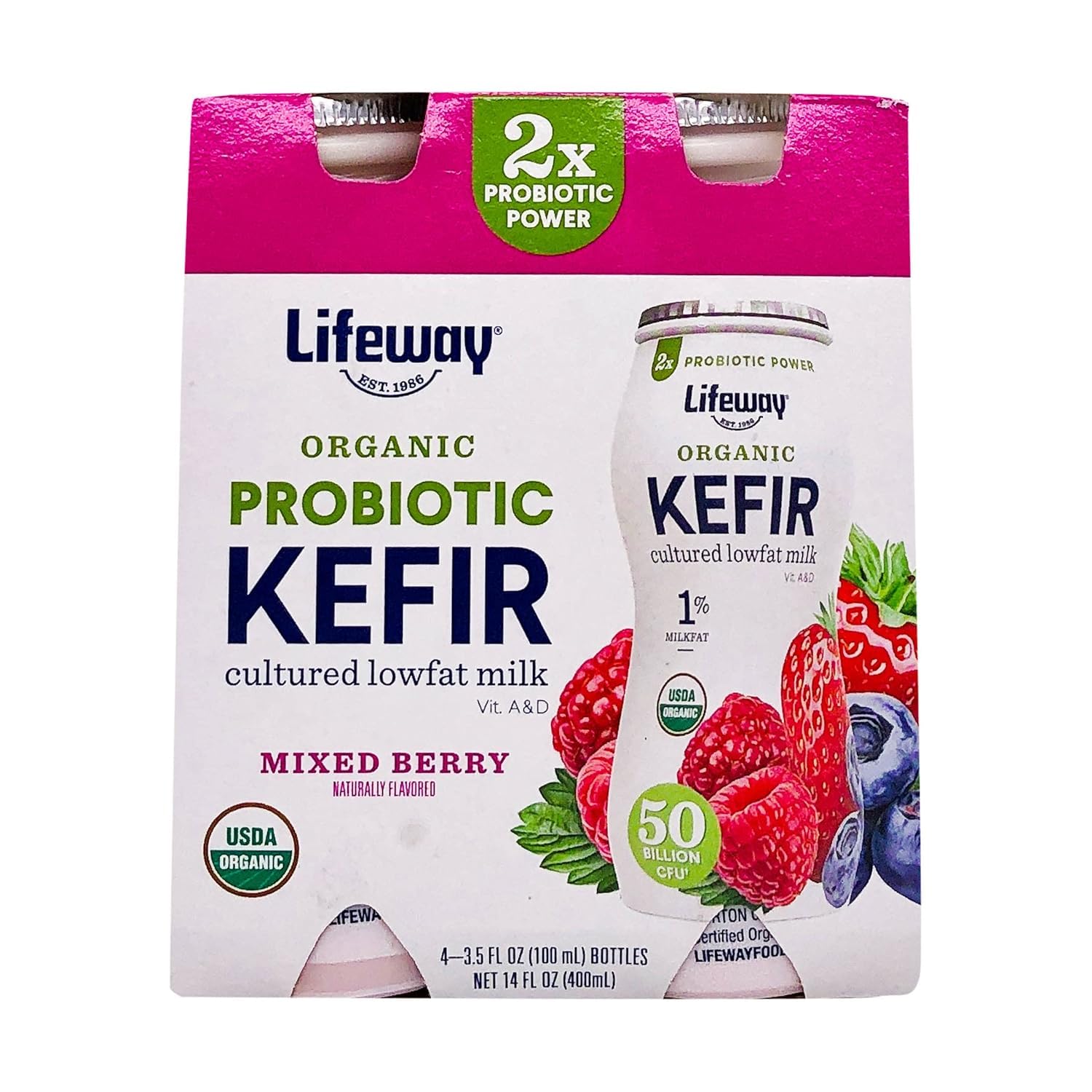 LifeWay Kefir Multi Pack Organic Low Fat Mixed Berry, 3.5 Fl Oz, 4 Count