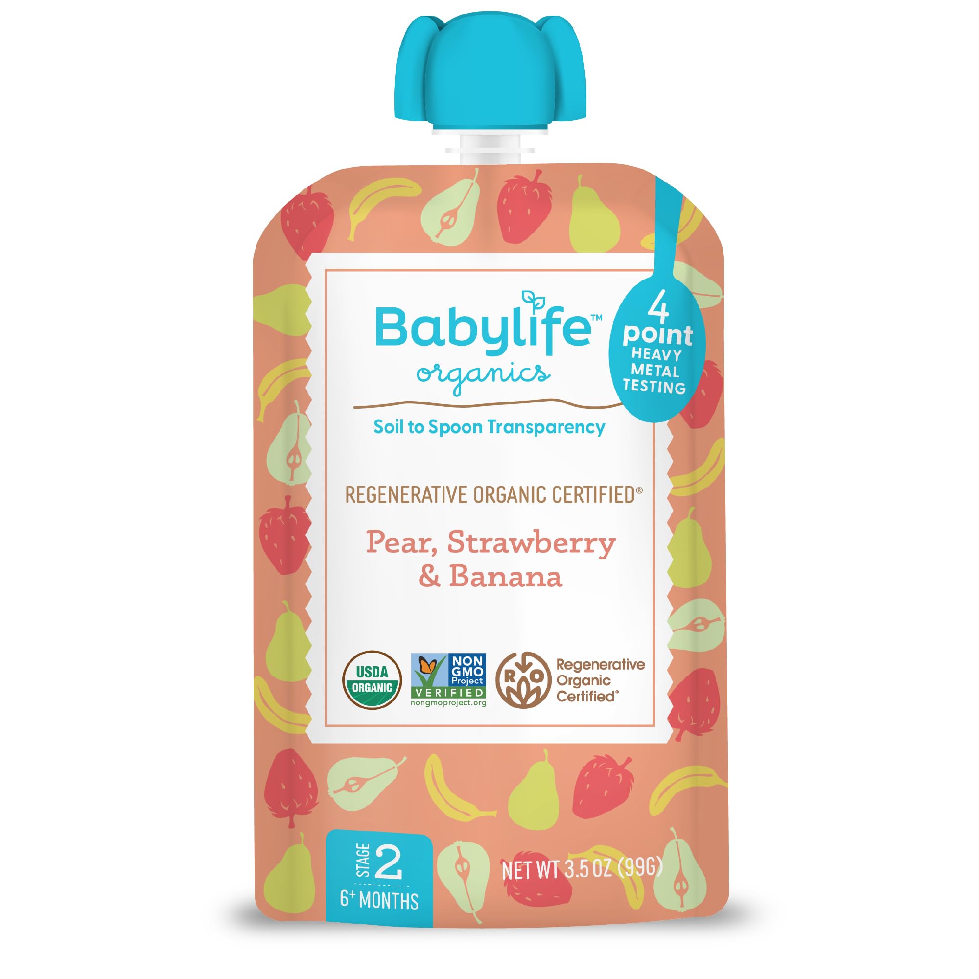 Babylife Organics Stage 2 - Pear, Strawberry & Banana, 3.5 Ounce Pouch (1 Pack) - Heavy Metal Safe, Organic Baby Food