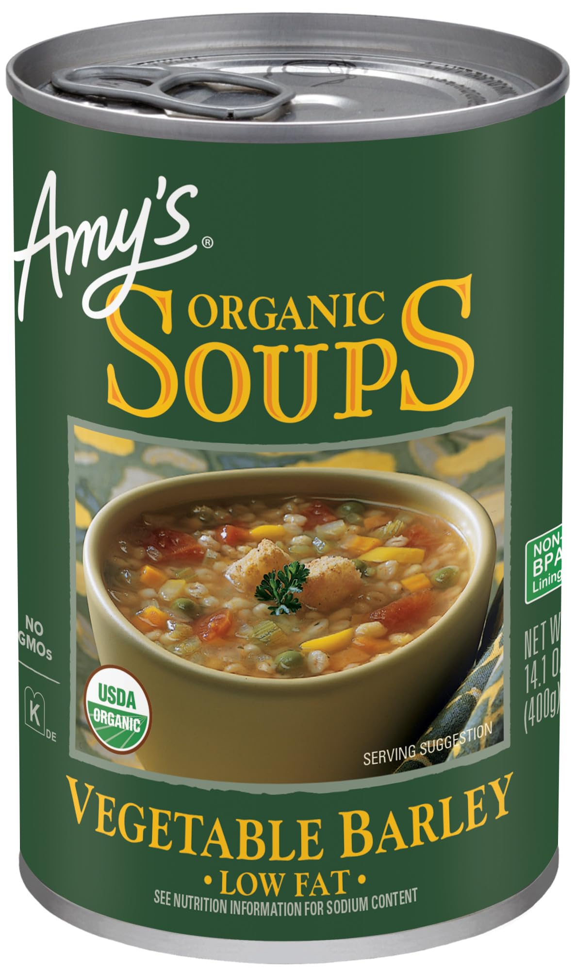 Amy’s Soup, Vegan Vegetable Barley Soup, Low Fat, Made With Organic Tomatoes, Carrots and Celery, Canned Soup, 14.1 Oz