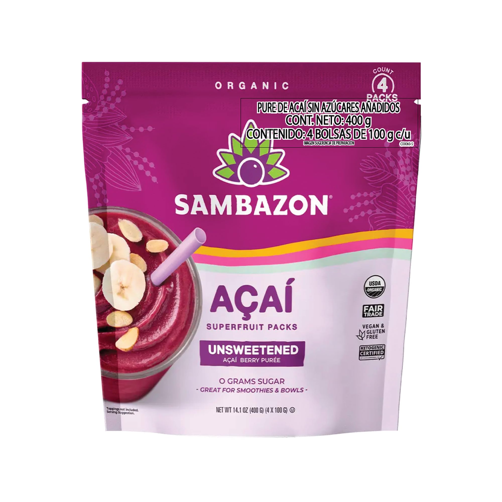Frozen, Organic Pure & Unsweetened Acai Superfruit Pack, 14.1 Ounce