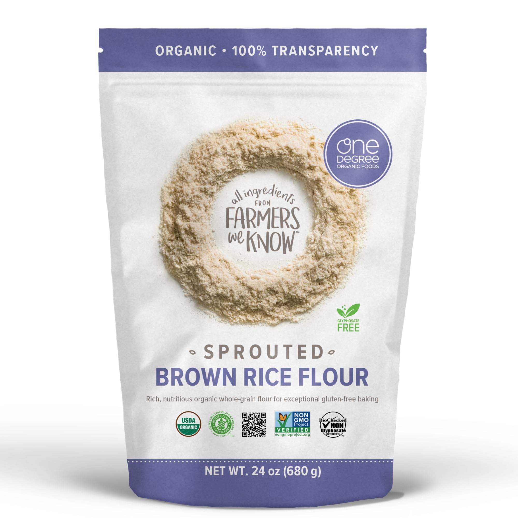 One Degree Organics Organic Sprouted Brown Rice Flour, 24oz | Whole Grain Baking Flour, Glyphosate-Free, USDA Organic, Gluten-Free, Non-GMO, Vegan, Kosher, White Flour Alternative