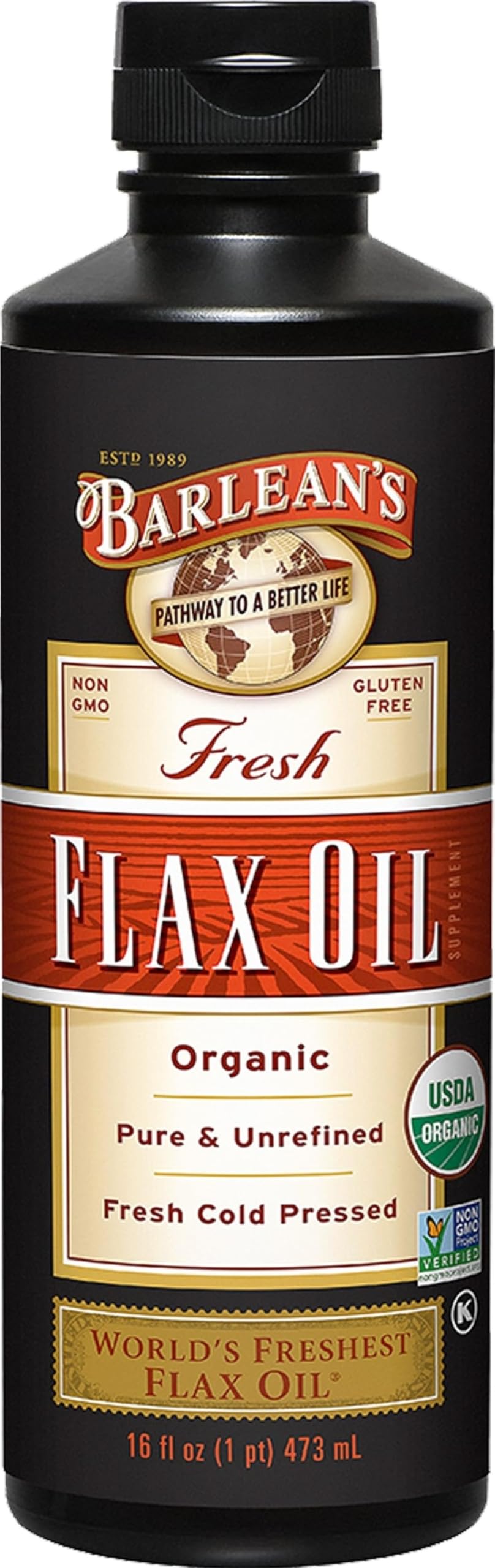 Barlean's Organic Flaxseed Oil, 7640mg ALA Omega-3, Cold-Pressed, 16oz | Fresh cold-pressed flax seeds, ALA omega 3-6-9, Vegan, Non-GMO, Gluten-free, Unrefined, Supports heart, skin & hair