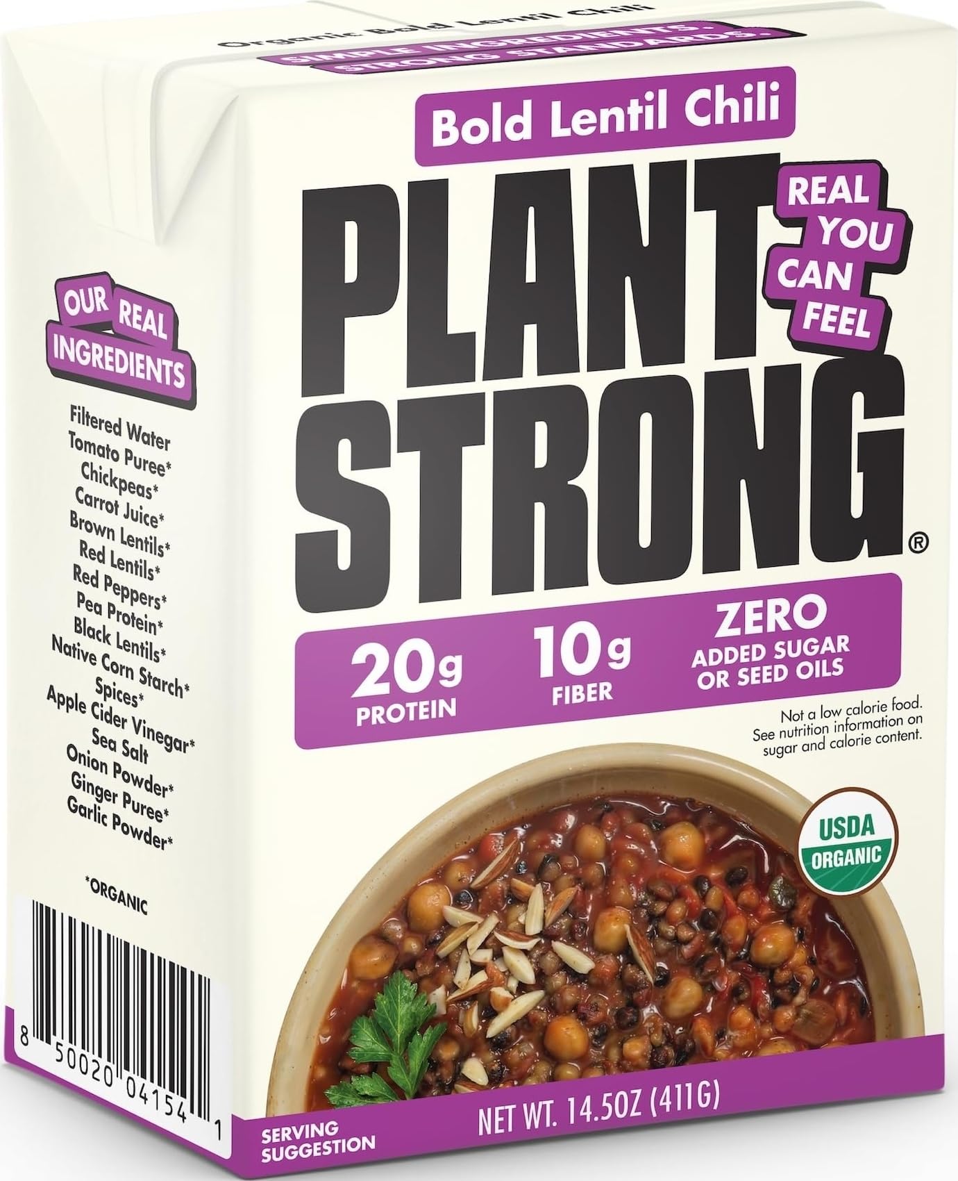 Plant Strong Organic Bold Lentil Chili, 14.5 oz | High Protein Vegan Lentil Chili | Chickpeas & Lentils, 20g Protein, USDA Organic, No Seed Oils, Ready-to-Eat Plant-Based Meal