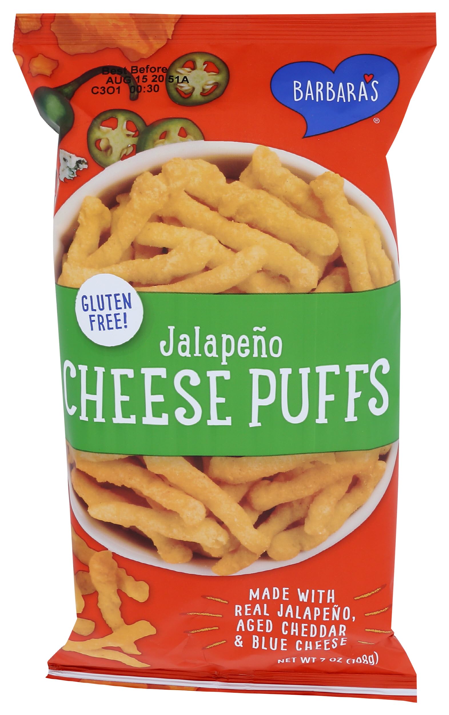 Barbaras Bakery, Puffs Cheese Jalapeno, 7 Ounce