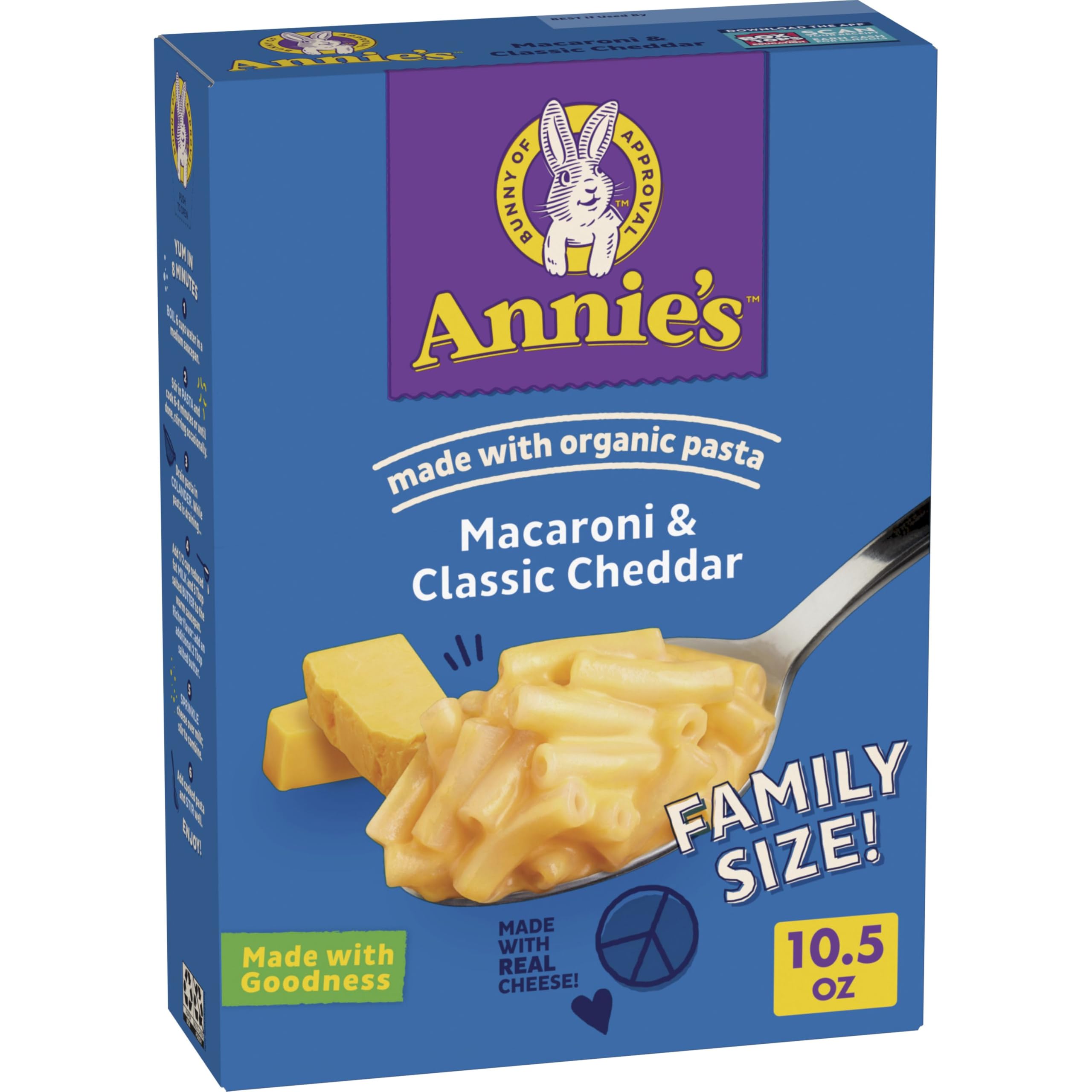 Annie's Classic Cheddar Mac & Cheese Family-Size Box, 10.5 oz | Made with Organic Pasta and Real Cheese, No Artificial Flavors or Synthetic Colors, Ready in About 8 Minutes