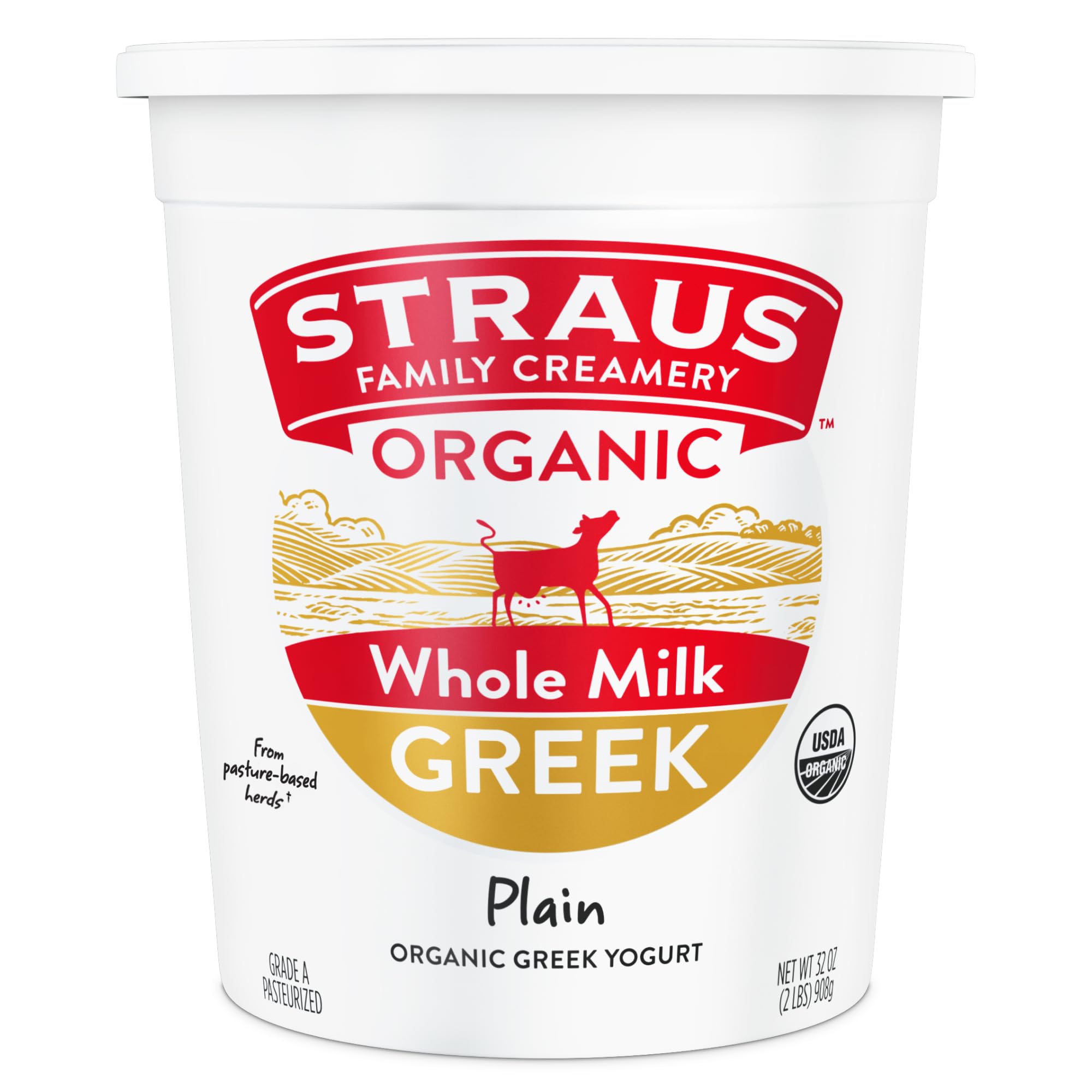 Straus Family Creamery Organic Greek Whole Milk Yogurt, Thick and Creamy, Simple Ingredients, 32oz