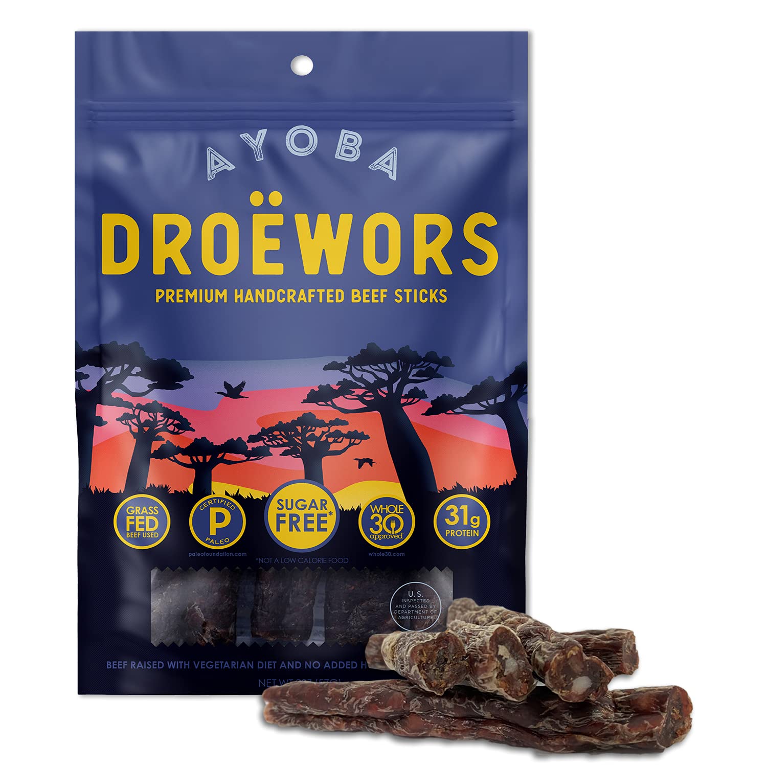 Ayoba Traditional Droewors Grass Fed Beef Paleo Sticks (2 Ounce, Pack of 1) - Keto Friendly, Air-Dried Beef Protein Snacks - Low Carb, Gluten Free, Nitrate Free, No Sugar, Meat Snacks