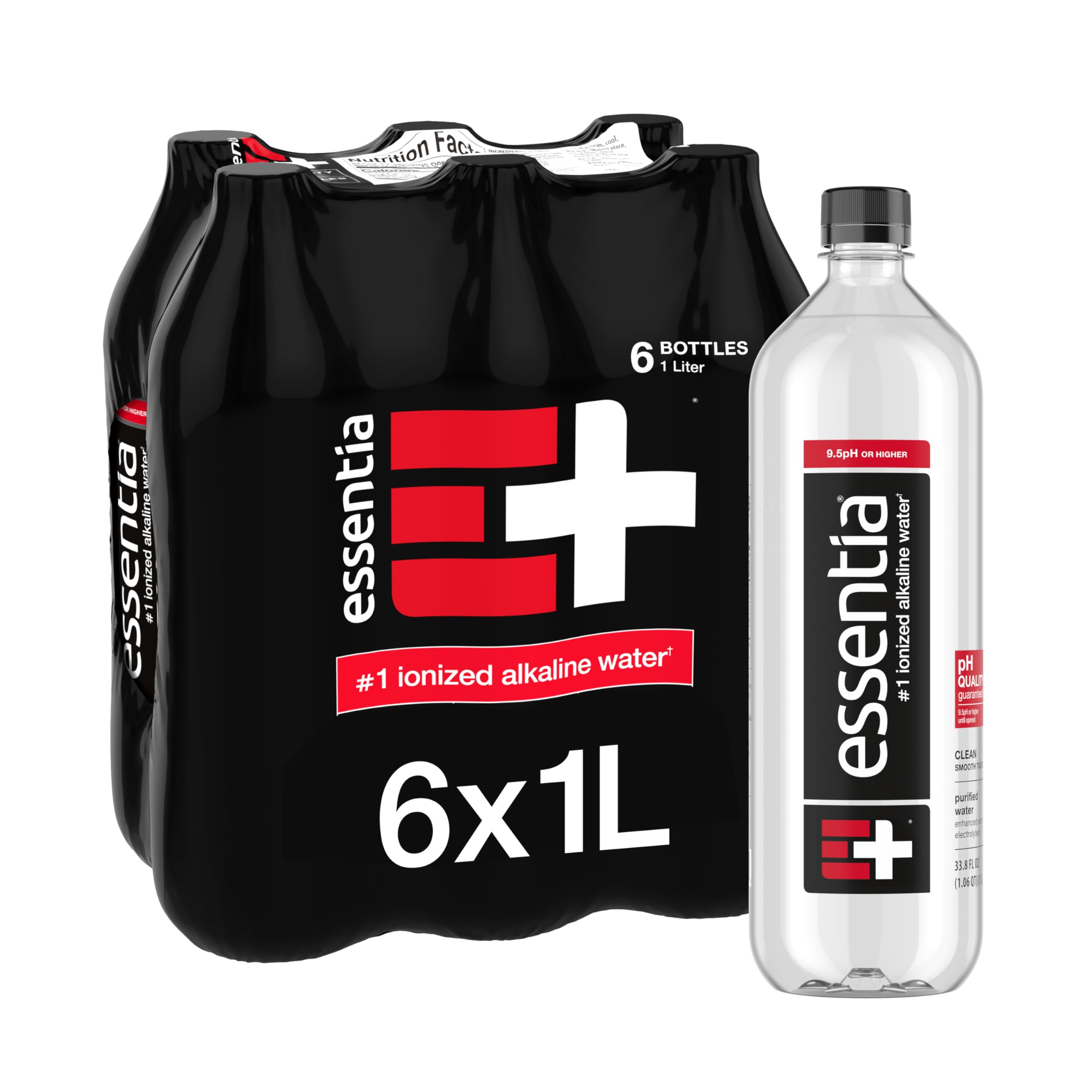 Essentia Ionized Alkaline Water, 9.5+ pH, 99.9% Pure, 6 x 1L | 99.9% pure ionized alkaline water with a 9.5+ pH until opened, and trace electrolytes for a clean smooth taste. 6 x 1L