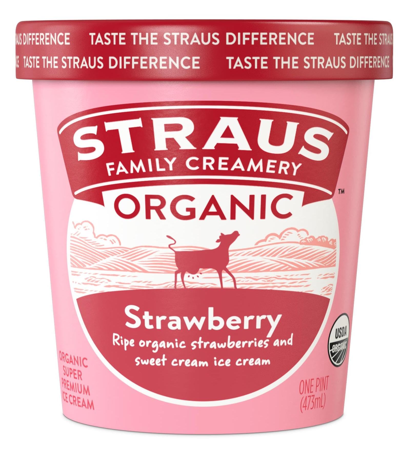 Straus Family Creamery Organic Super Premium Strawberry Ice Cream, Real Strawberries, Pasture-Raised Dairy, 16oz