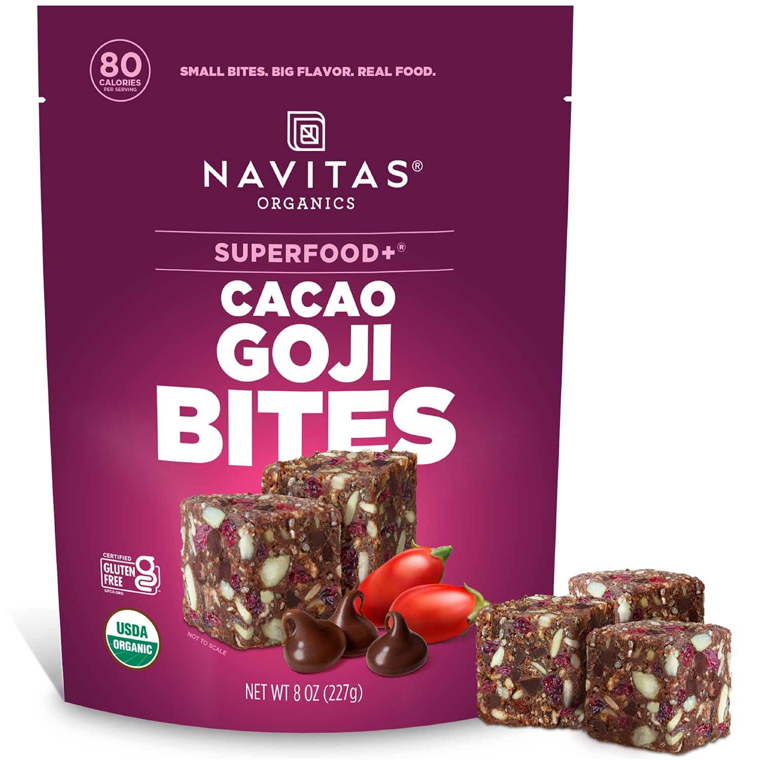 Navitas Organics Cacao Goji Superfood+ BITES – Power Snacks – All Natural Plant Based – Clean Energy & Nutrition – USDA Organic, Non GMO, Gluten Free, Soy Free, Kosher, Vegan (8oz. Bag 11 Servings)