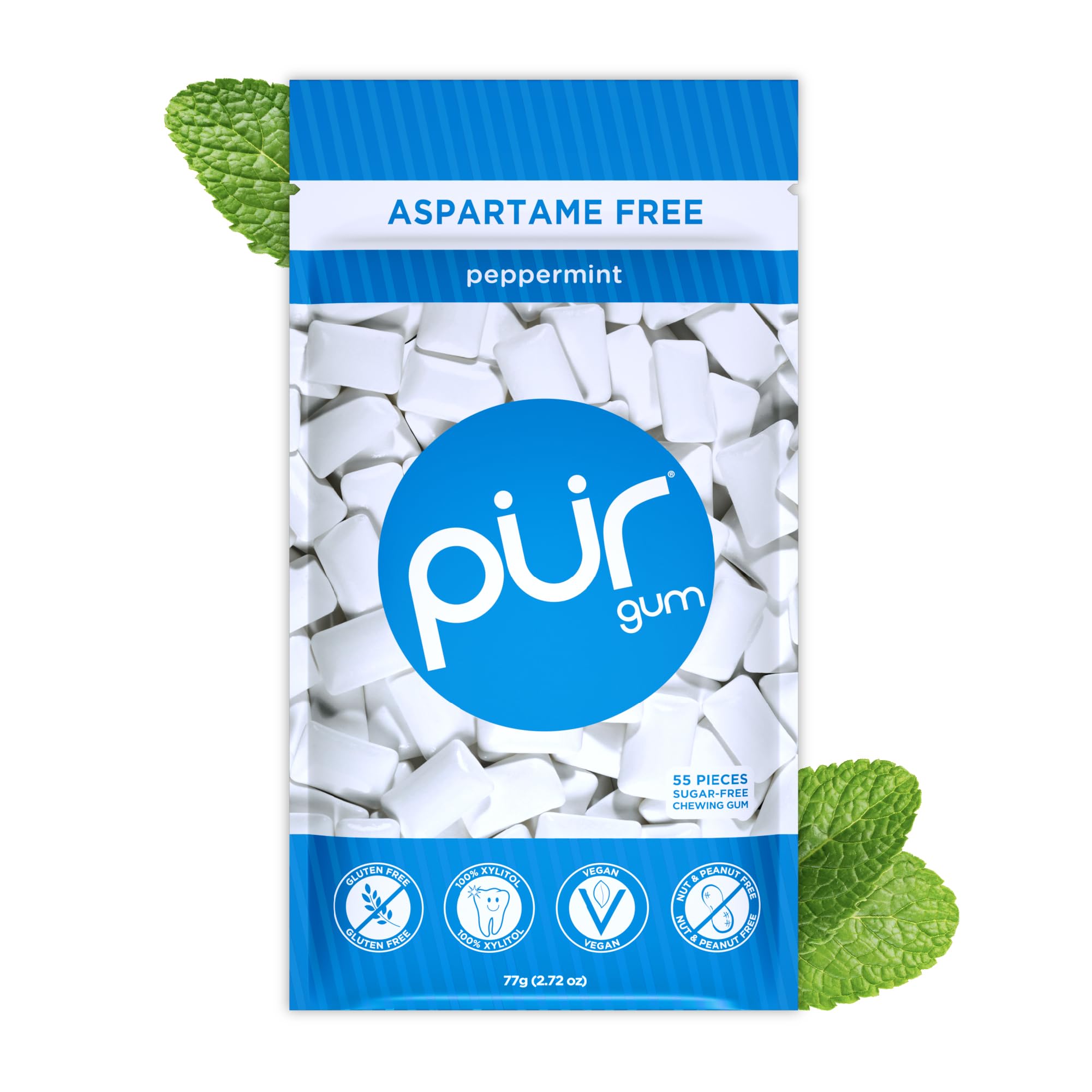 Peppermint, Xylitol Gum, No Artificial Flavor, 55 Count | No Artificial Sweeteners, Vegan, Sugar Free, Gluten Free, Soy Free, Nut & Peanut Free, Swiss Made, Keto Friendly chewing gum